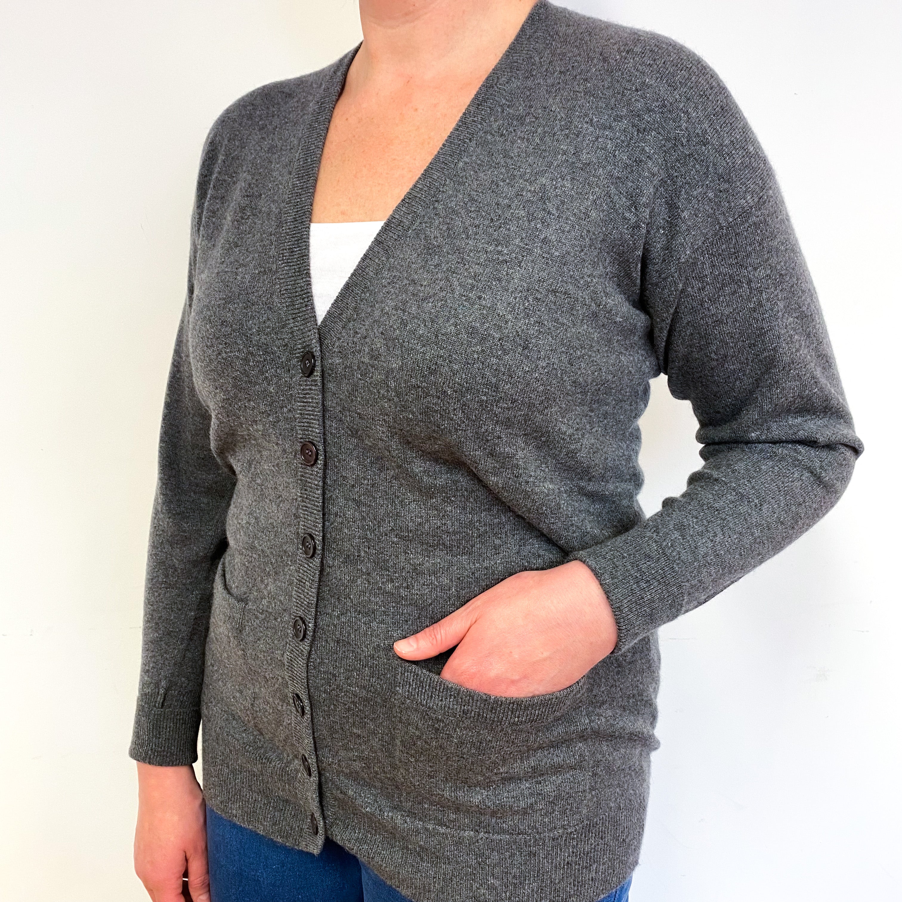 Scottish Slate Grey Cashmere V-Neck Cardigan Large