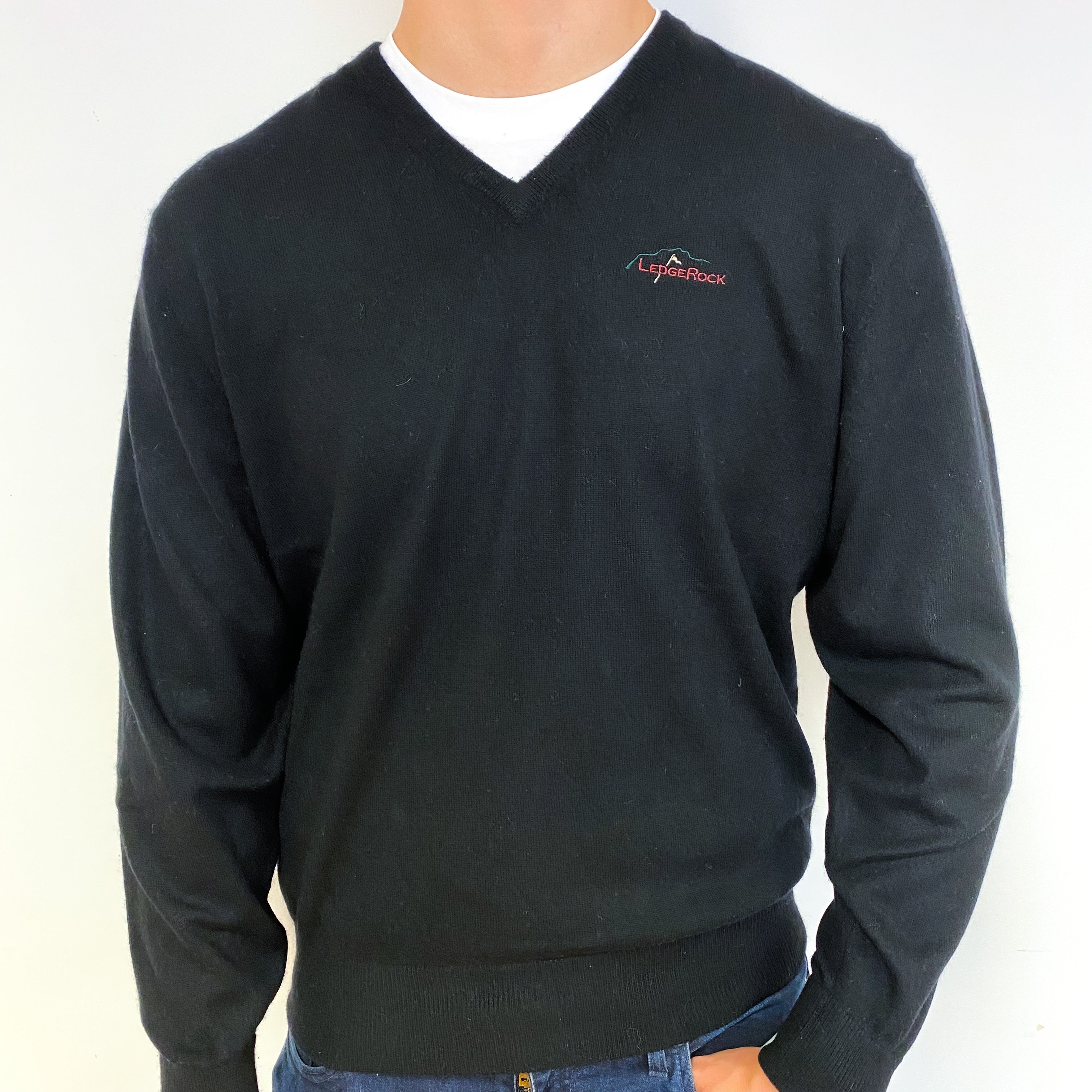 Men's Black Logo Cashmere V-Neck Jumper Extra Large