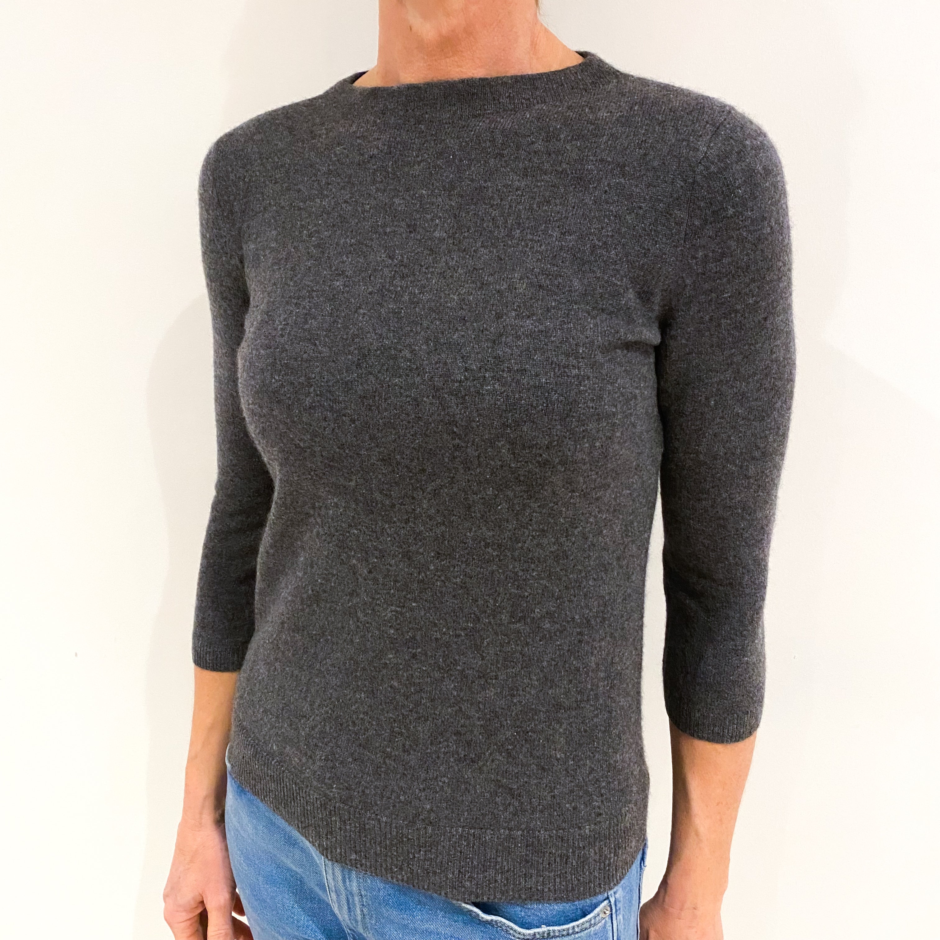 Slate Grey 3/4 Sleeve Cashmere Crew Neck Jumper Small