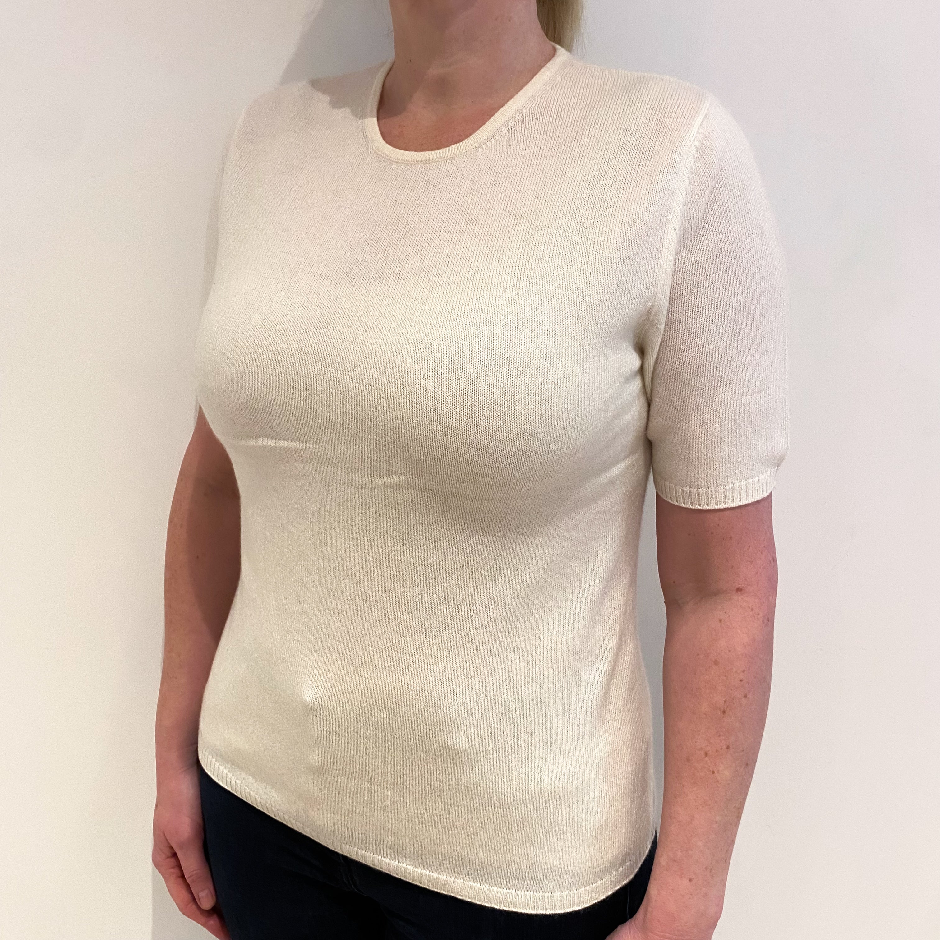 Yorn Vanilla Beige Cashmere Crew Neck Short Sleeved Jumper Large
