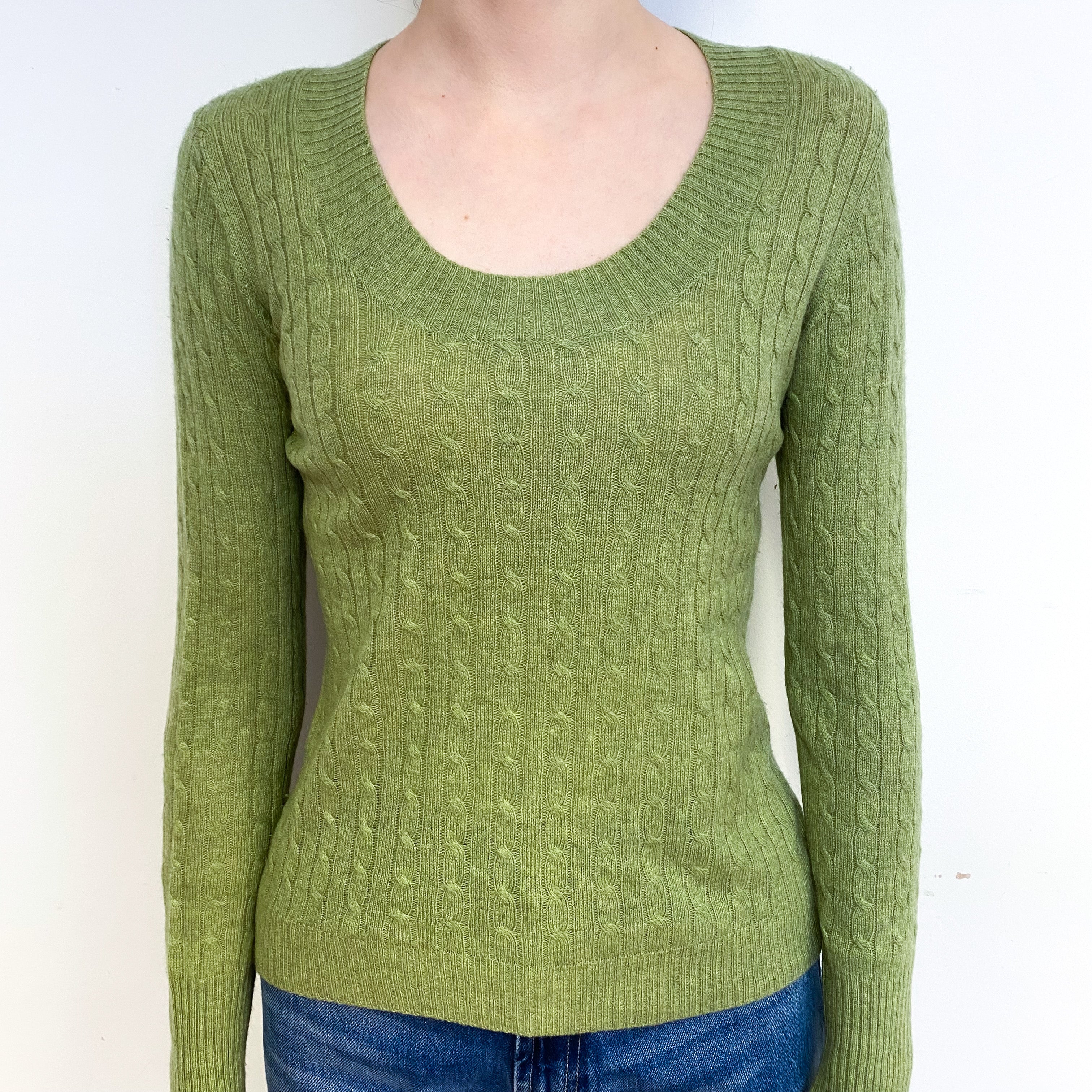 Pear Green Cable Cashmere Scoop Neck Jumper Extra Small