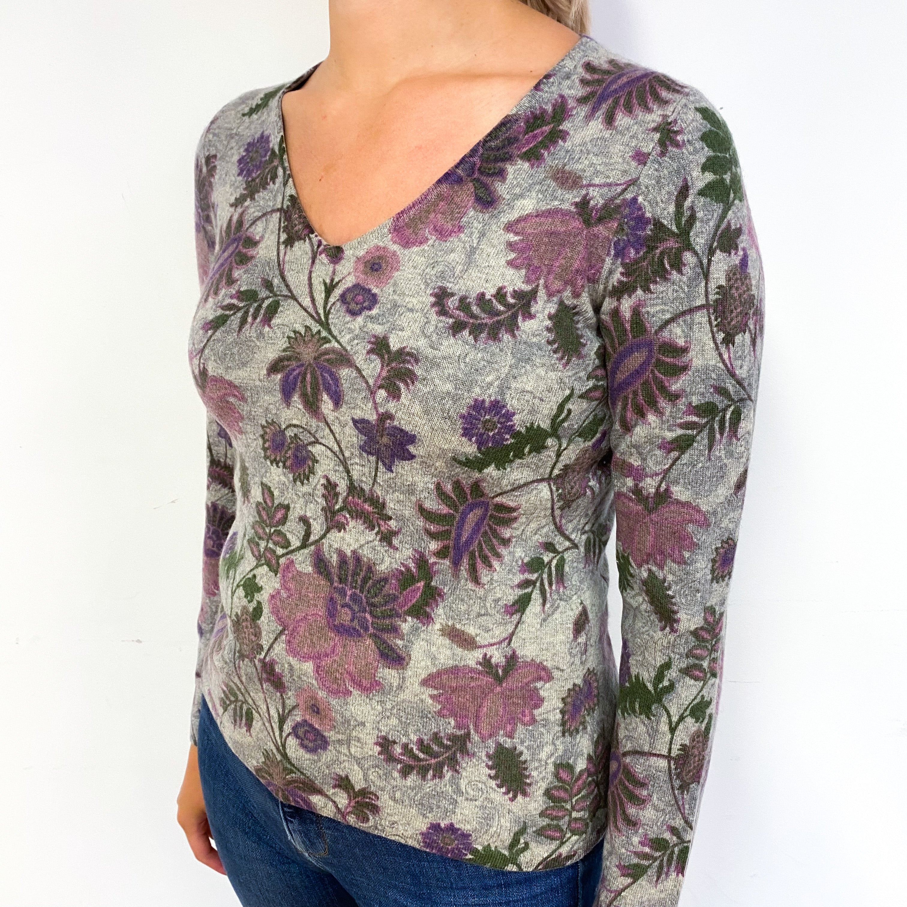 Grey Purple Floral Cashmere V-Neck Jumper Small