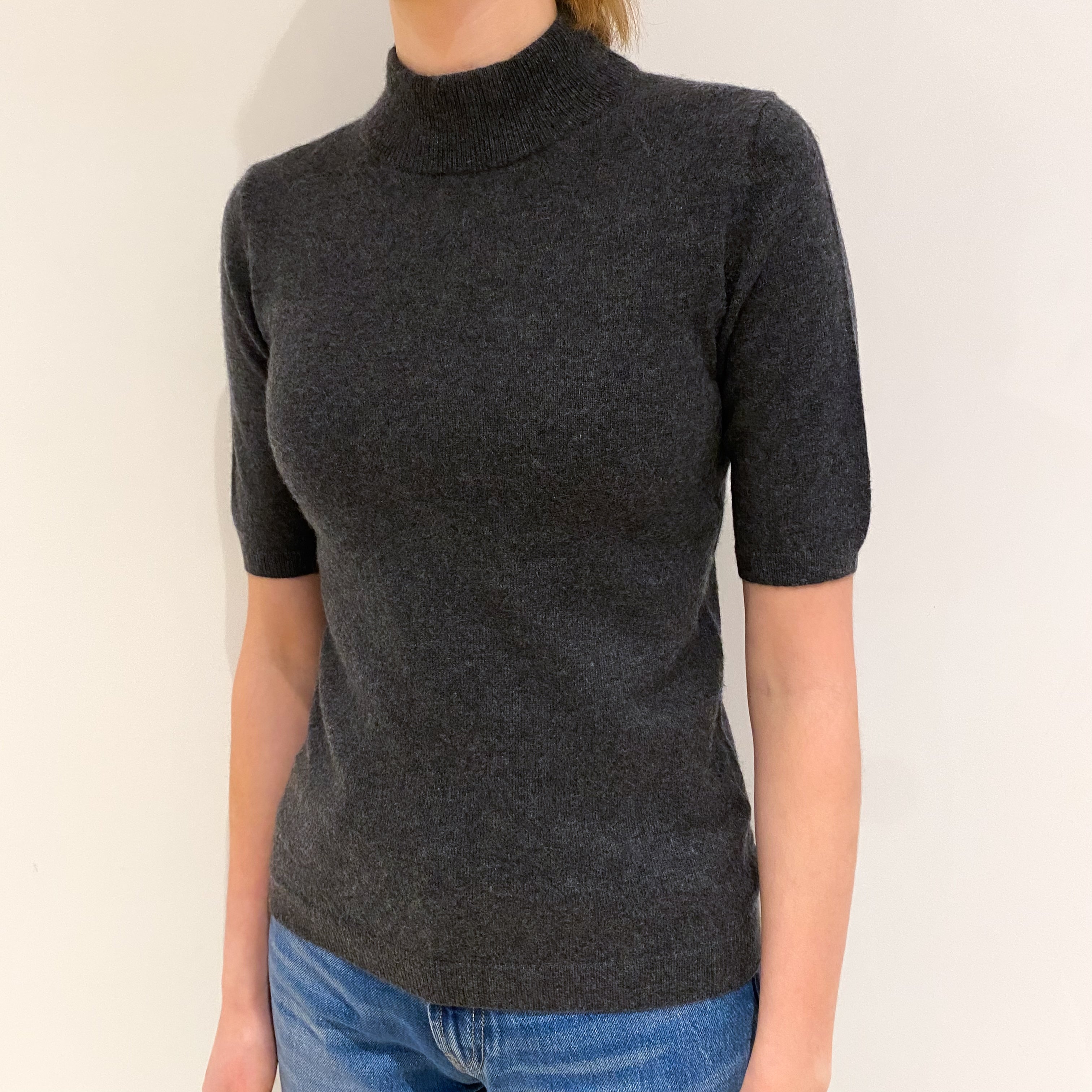 Charcoal Grey Cashmere Short Sleeve Turtle Neck Jumper Extra Small