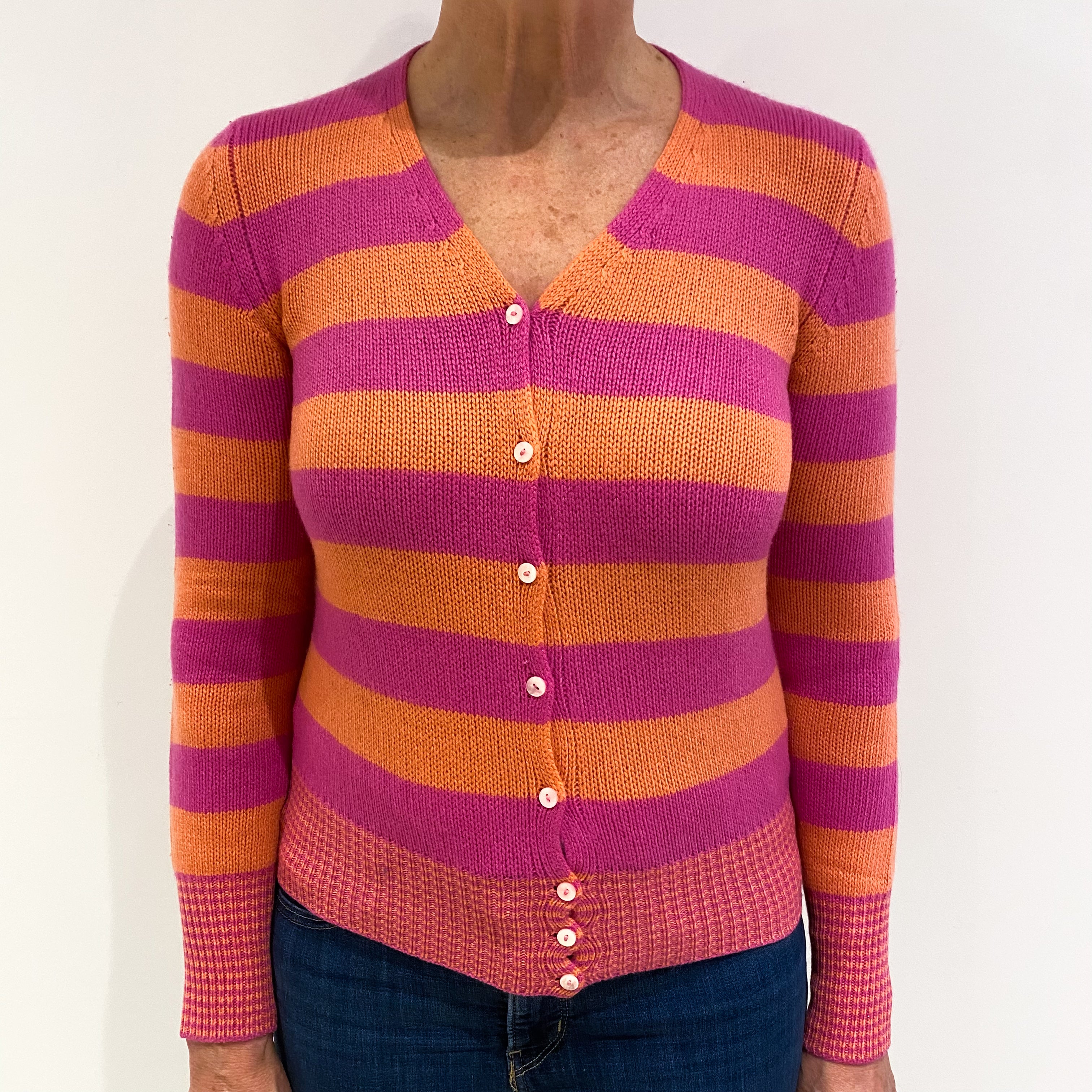 Tulip Pink and Orange Stripe Cashmere V - Neck Cardigan Medium