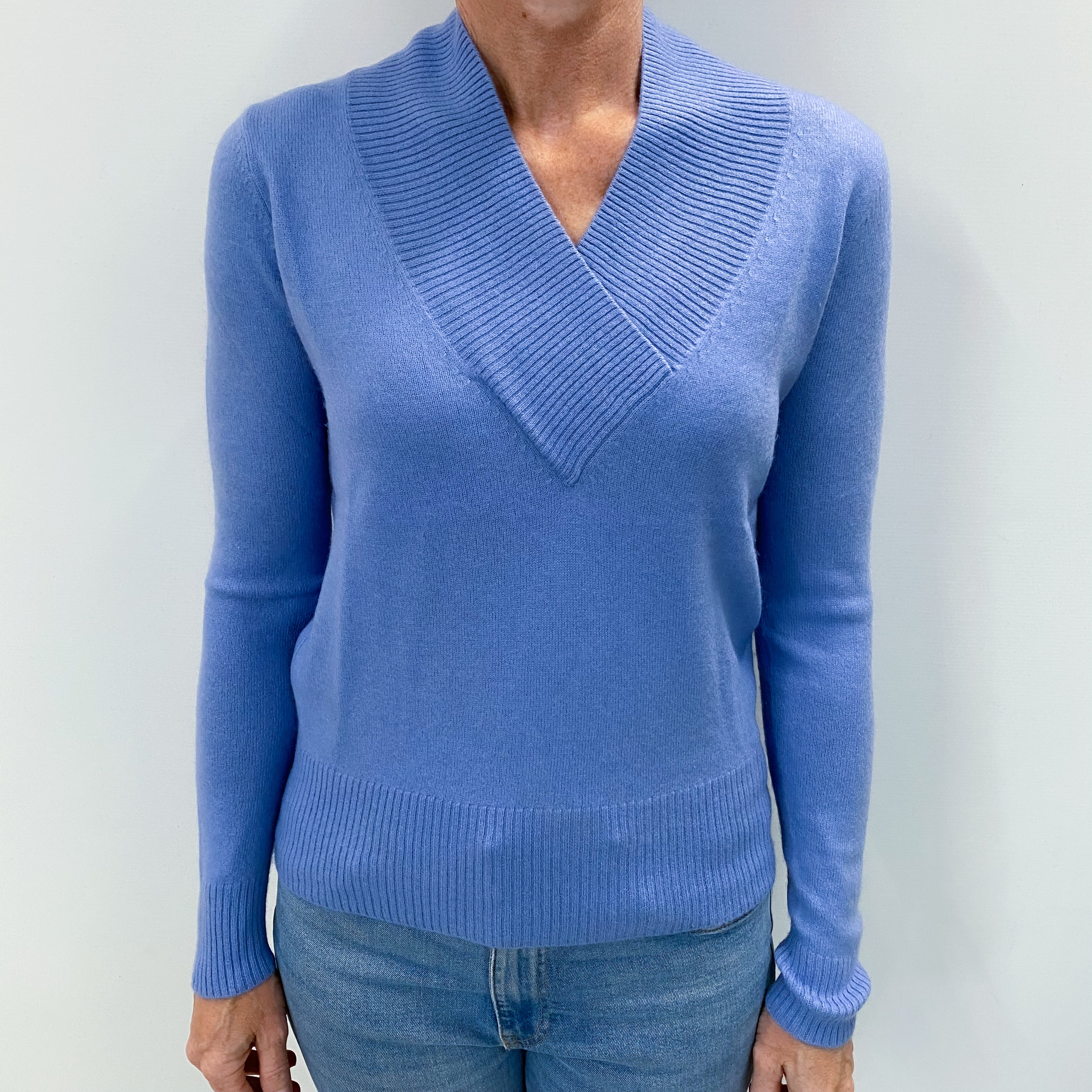 Sky Blue Cashmere Cross Over V Neck Jumper Small
