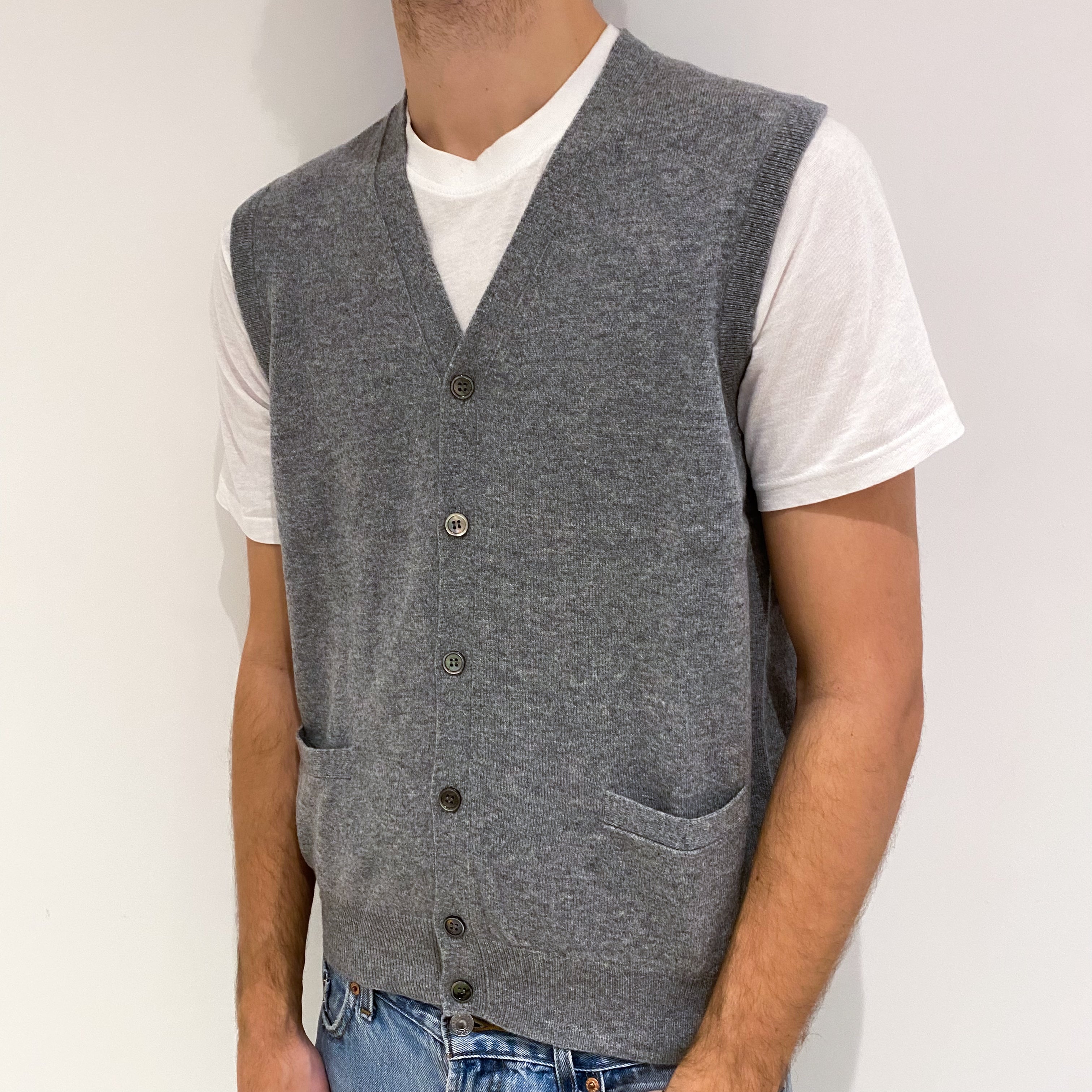Men's Ash Grey Cashmere V Neck Gilet with Pockets Large