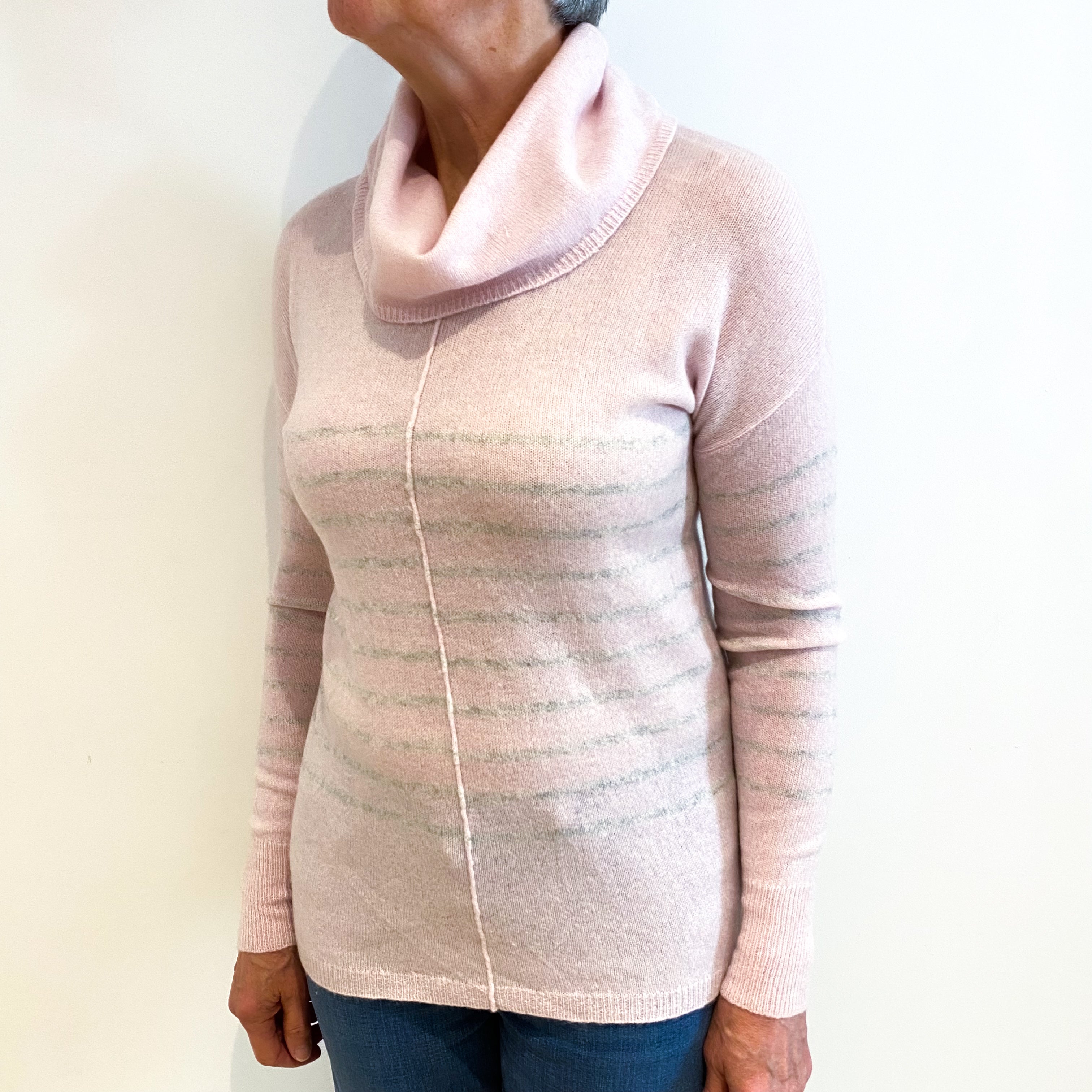 Ice Pink And Grey Stripe Cashmere Cowl Neck Jumper Medium