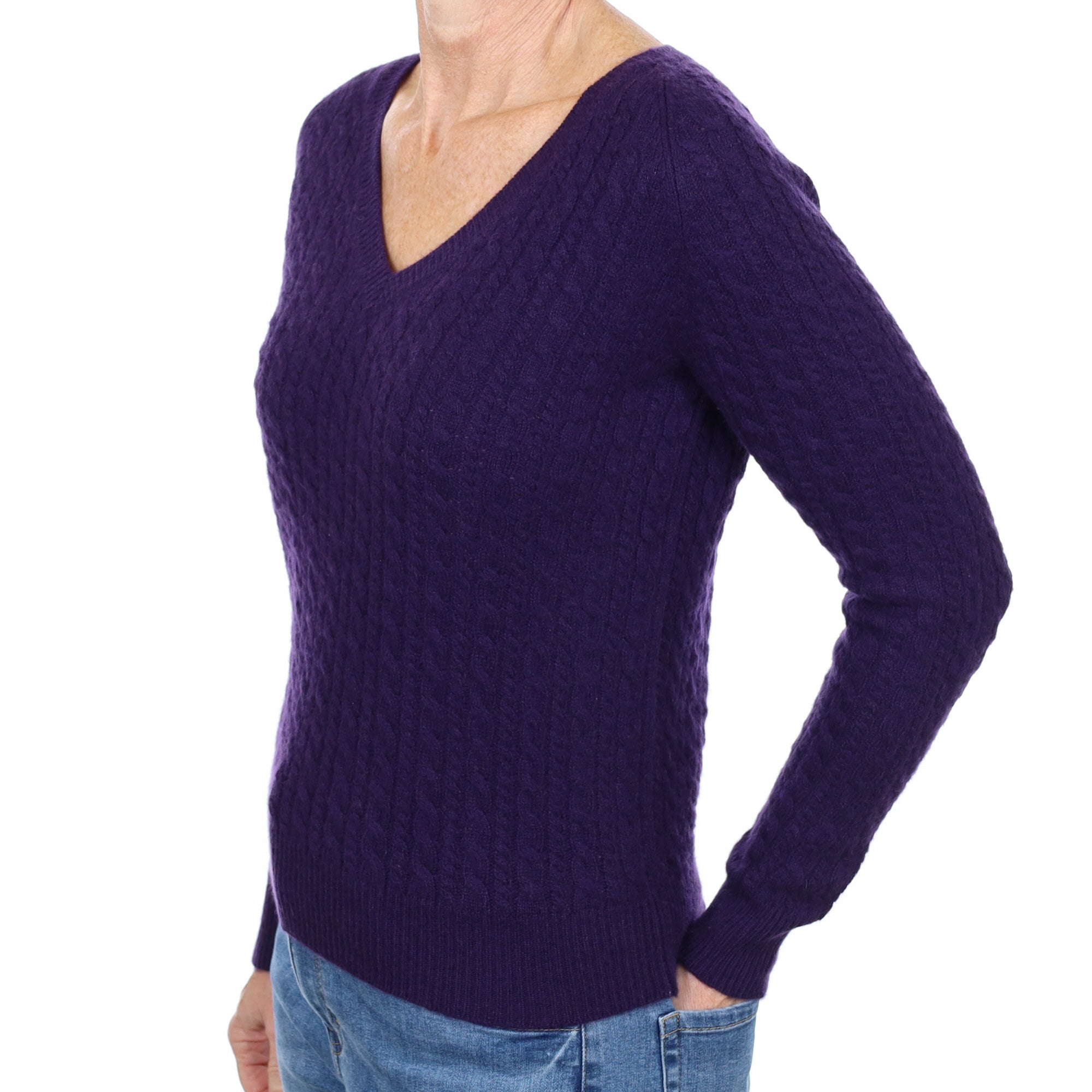 Iris Purple Cable Cashmere V Neck Jumper Small