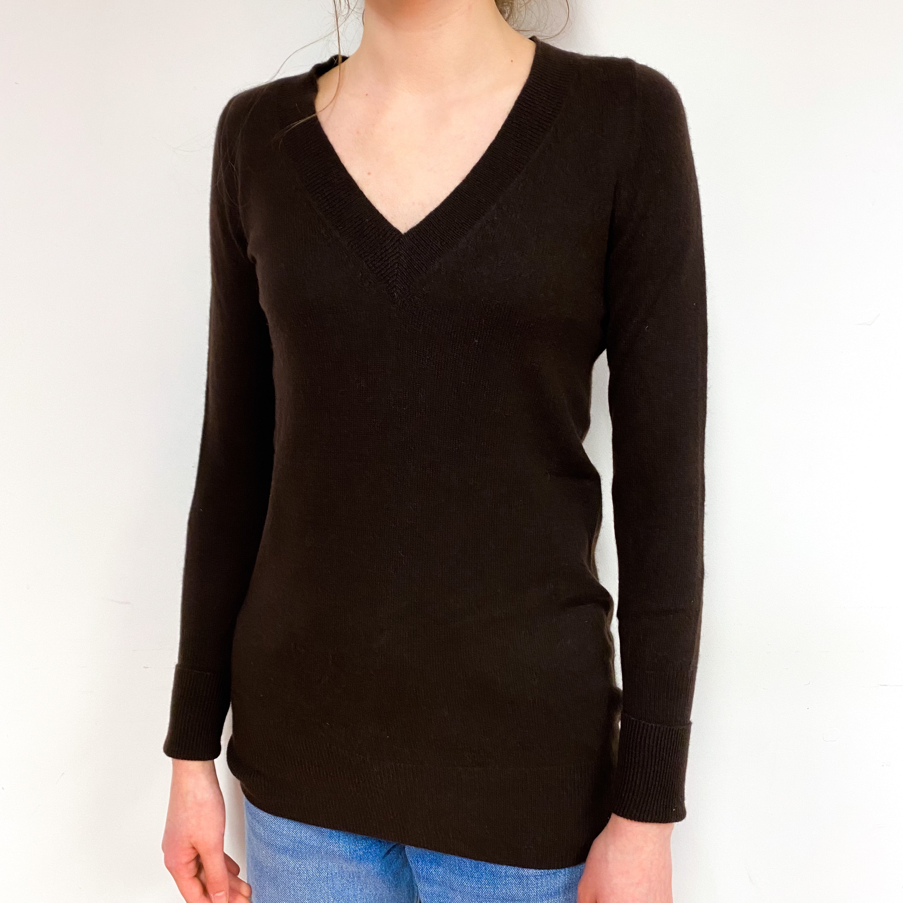 Dark Chocolate Brown Cashmere V-Neck Jumper Extra Small