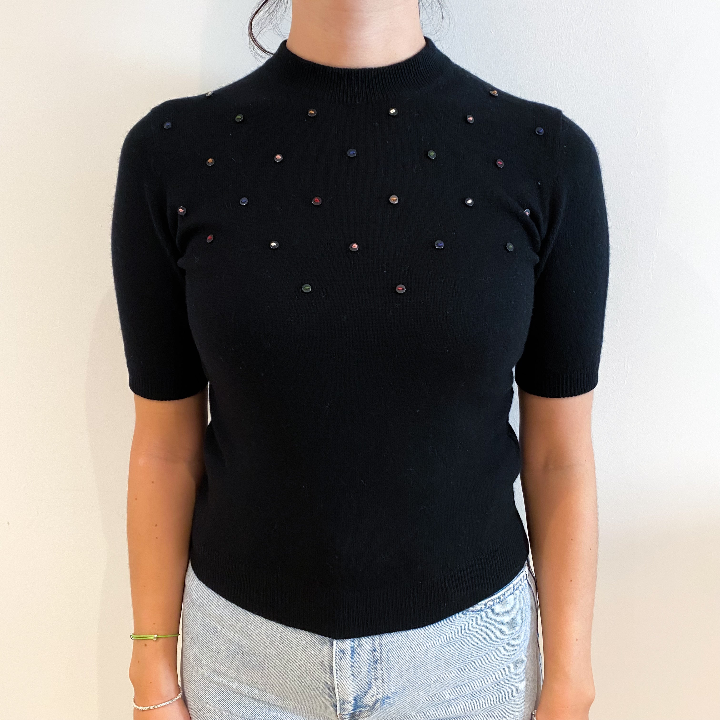 Black Cashmere Crew Neck Short Sleeved Jumper Small