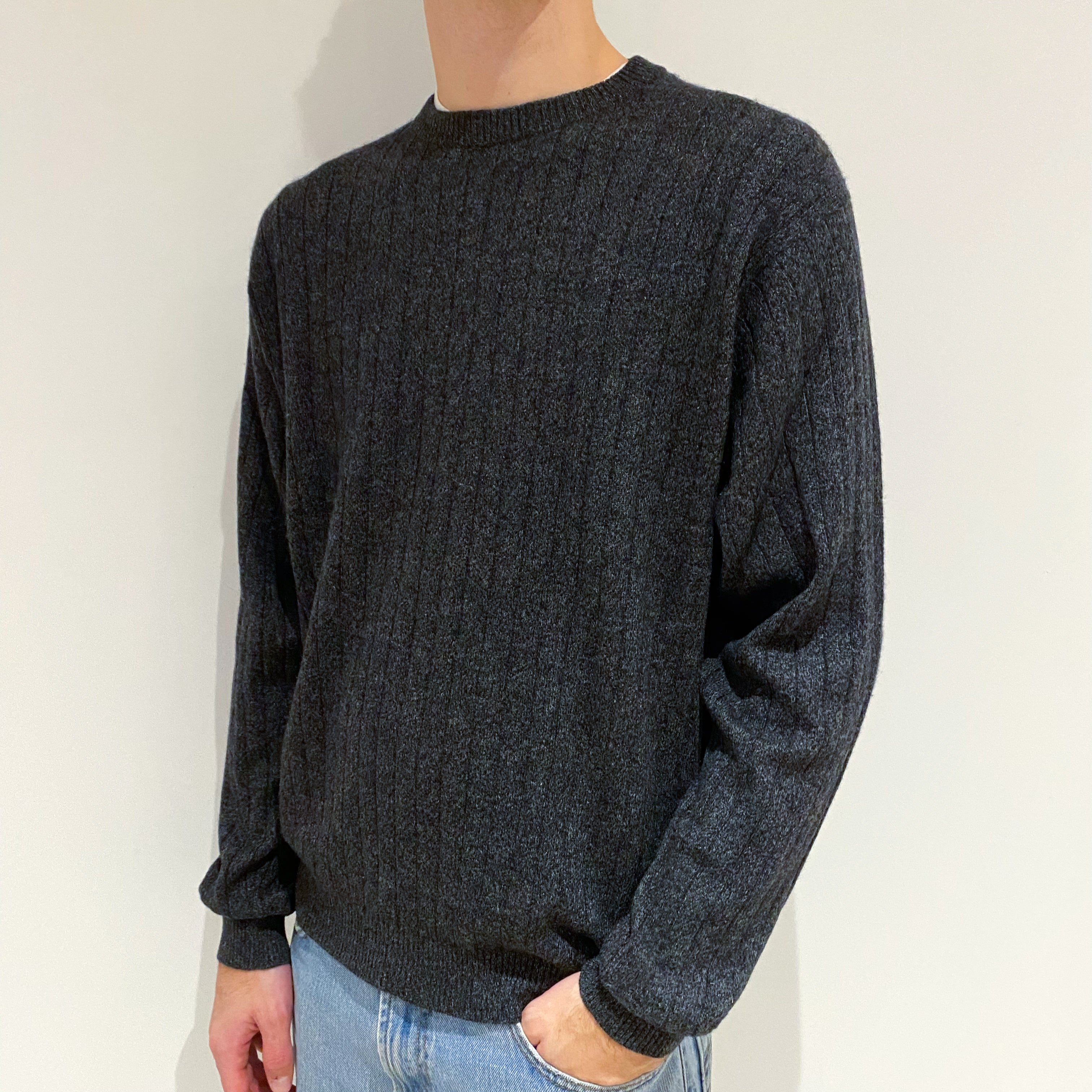 Men's Charcoal Grey Rib Cashmere Crew Neck Jumper Large