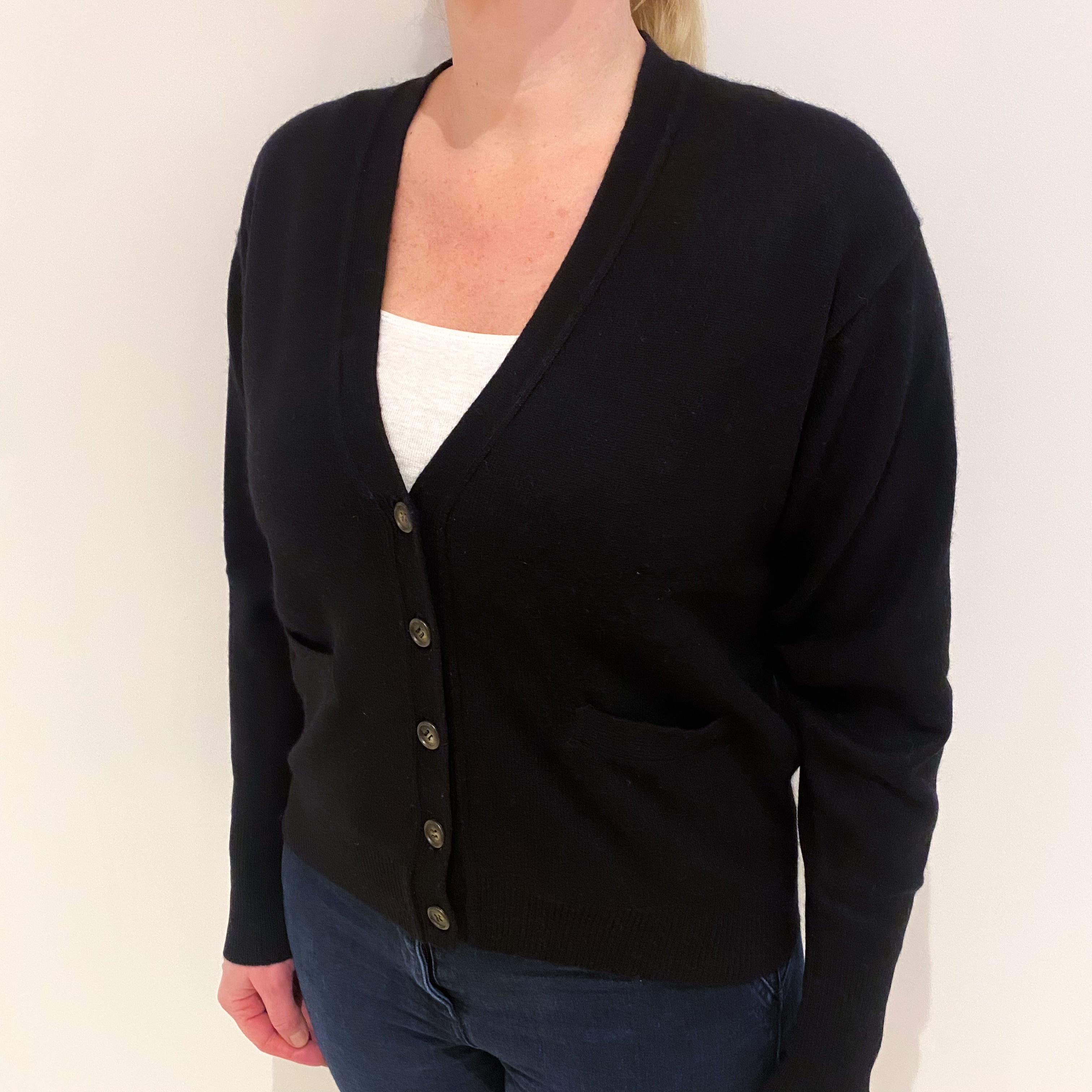 Black Cashmere V Neck Jumper With Pockets Large