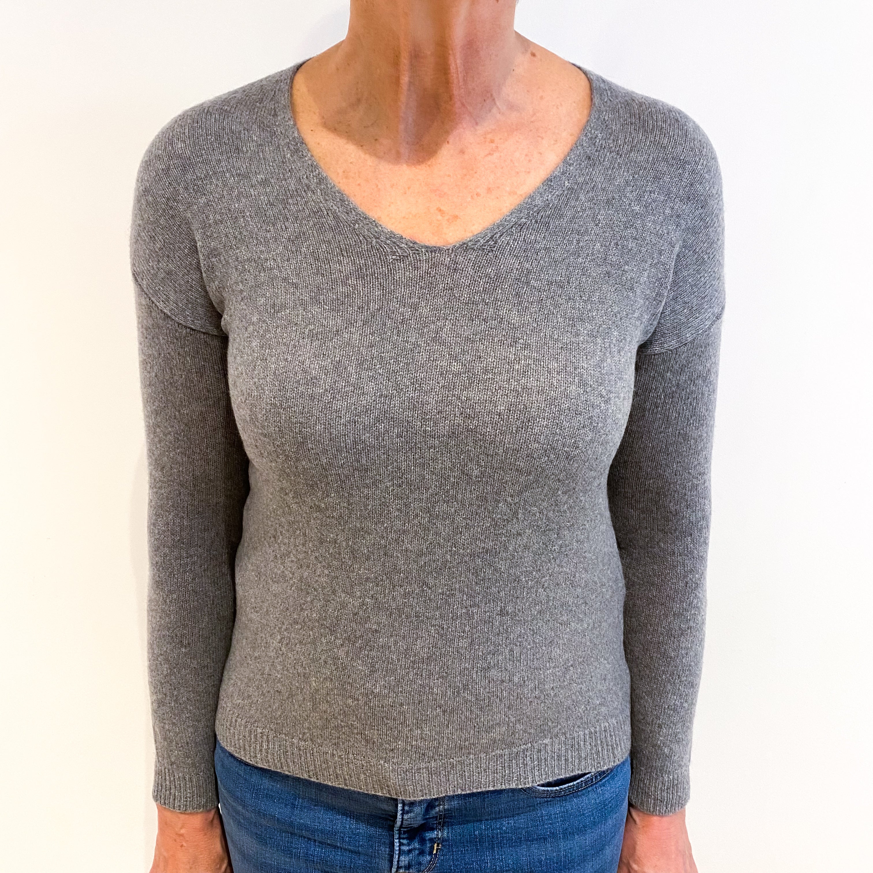 Italian Ash Grey Cashmere V Neck Drop Shoulder Jumper Medium