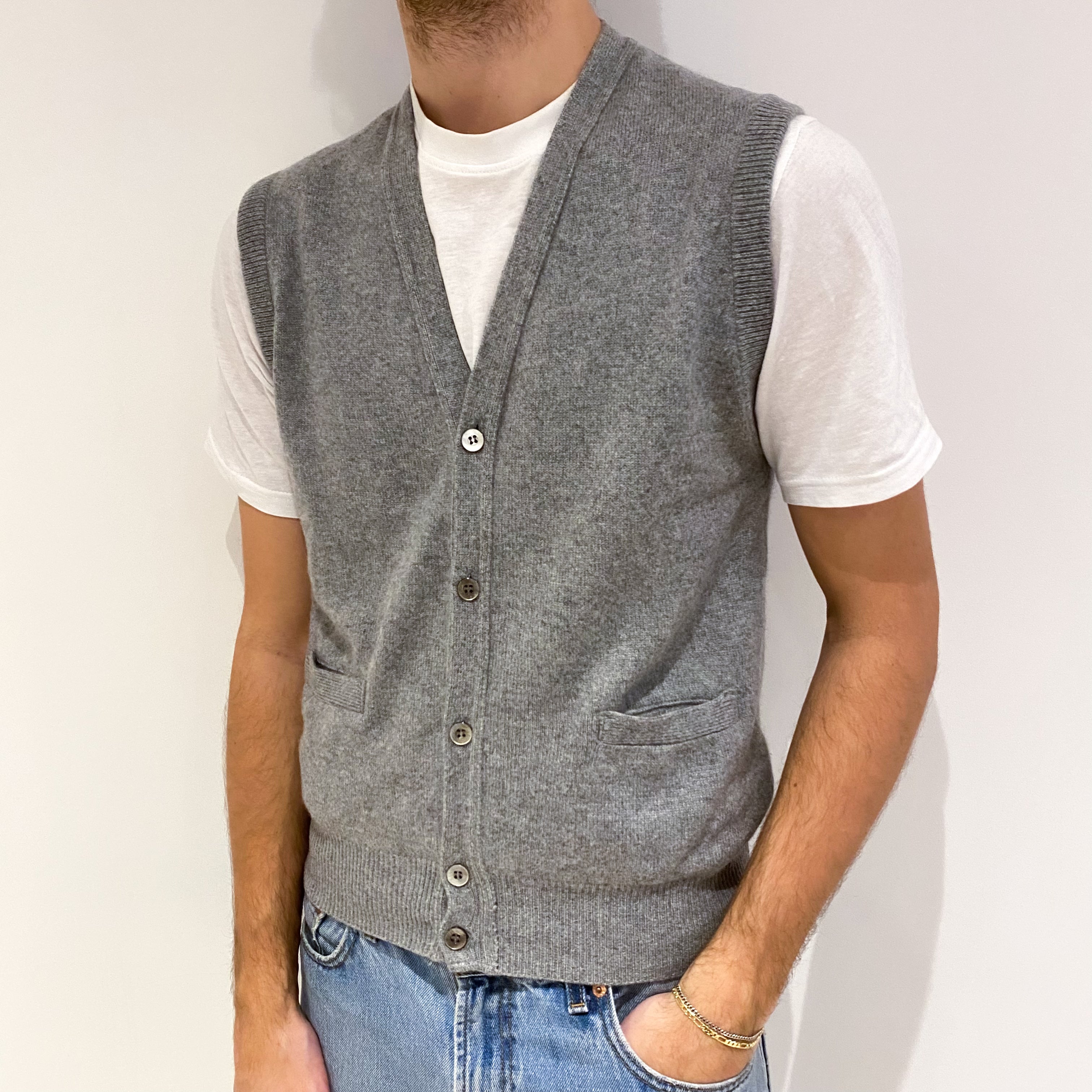 Men's Smoke Grey Cashmere V Neck Vest Cardigan Medium