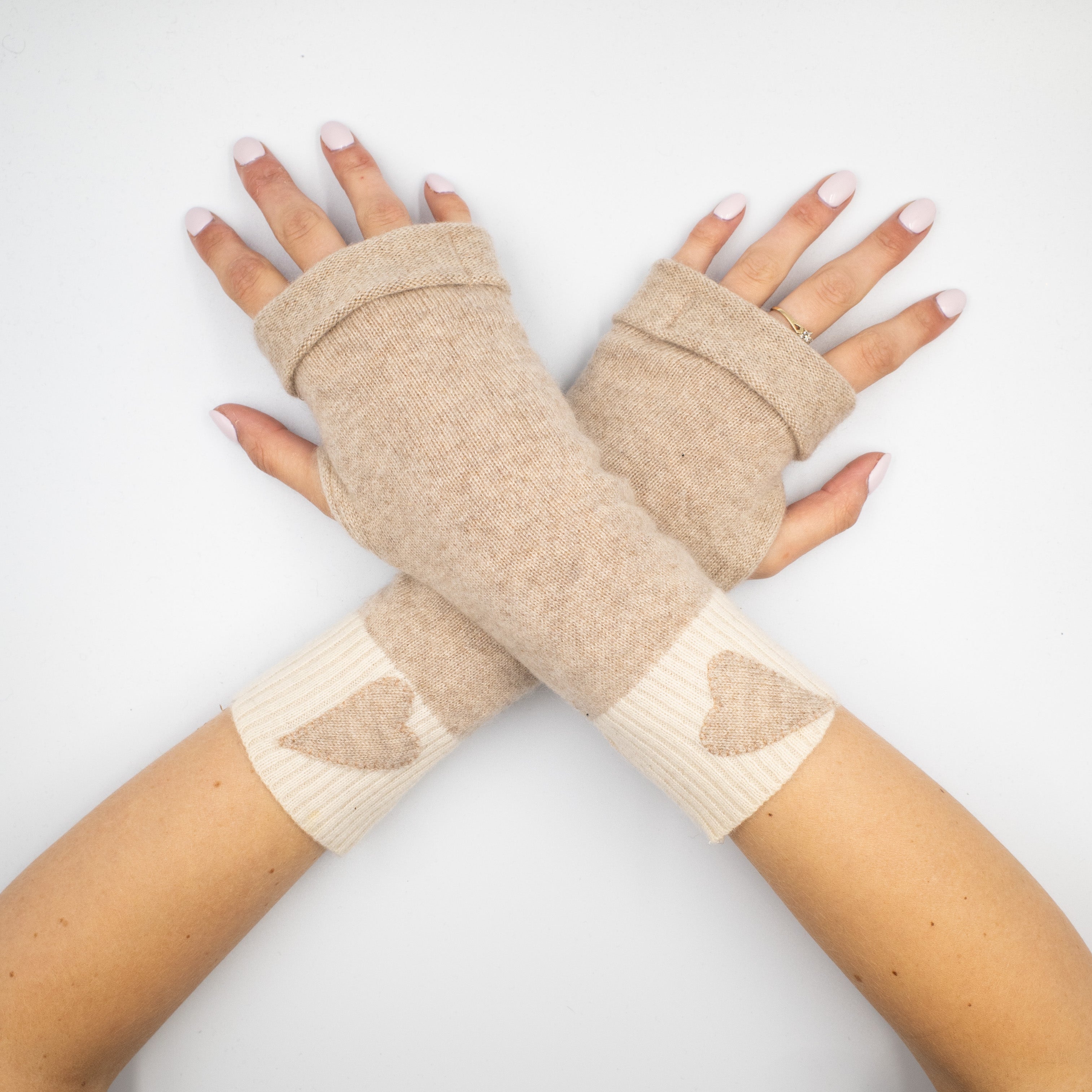 Fawn and Cream Heart Fingerless Gloves