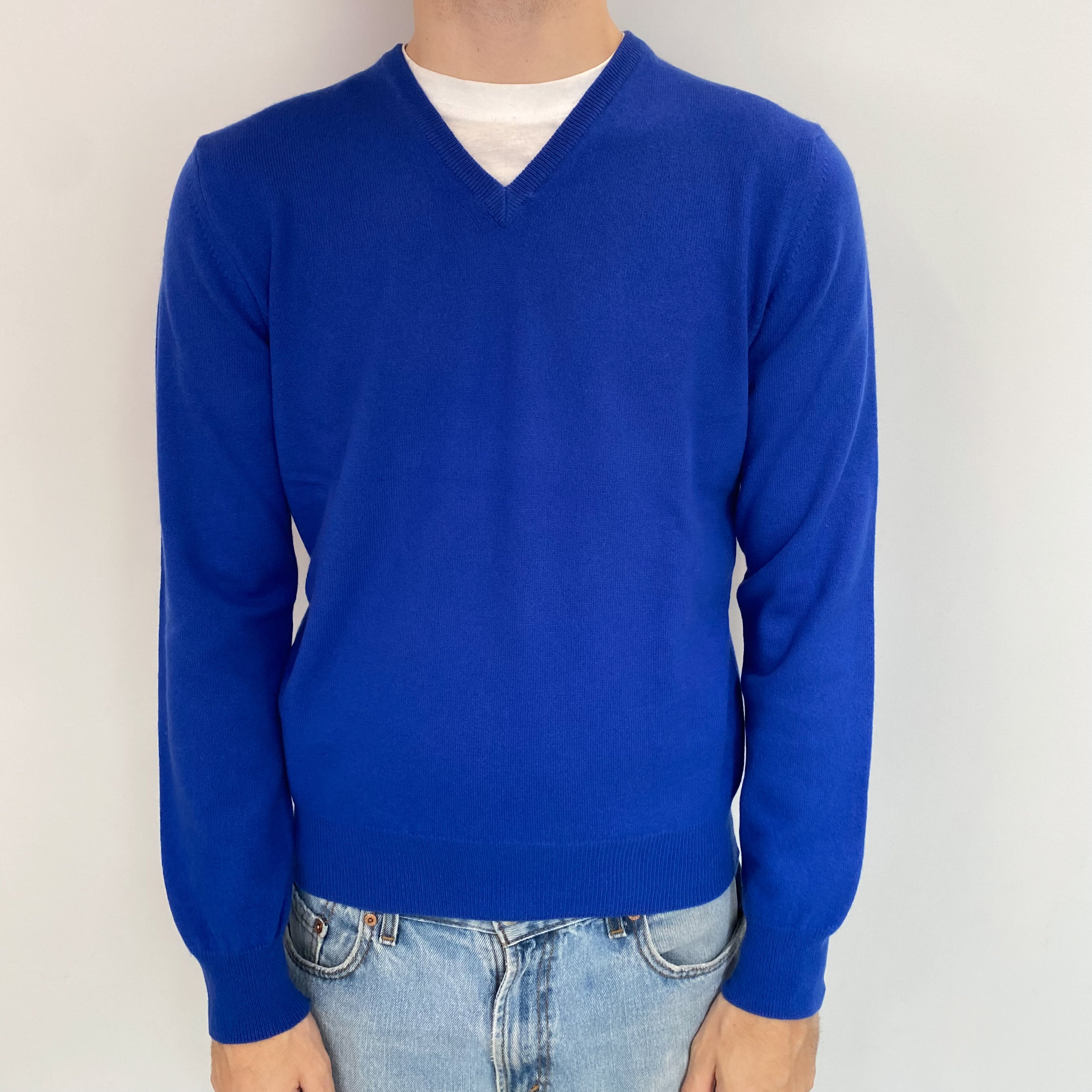 Men's Harrods Vintage Cobalt Blue Cashmere V Neck Jumper Medium