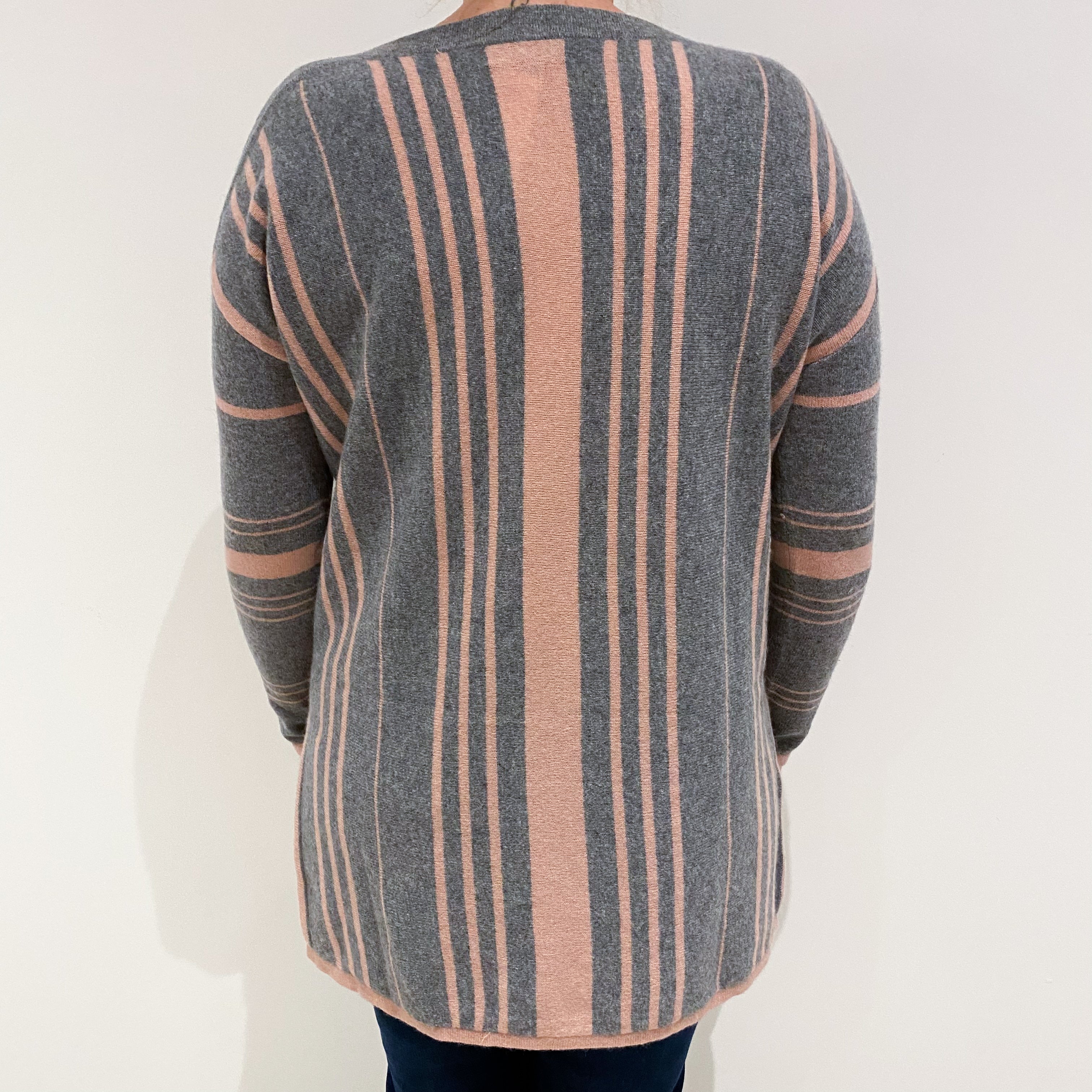 Ash Grey Pink Stripe Cashmere Boat Neck Jumper Large