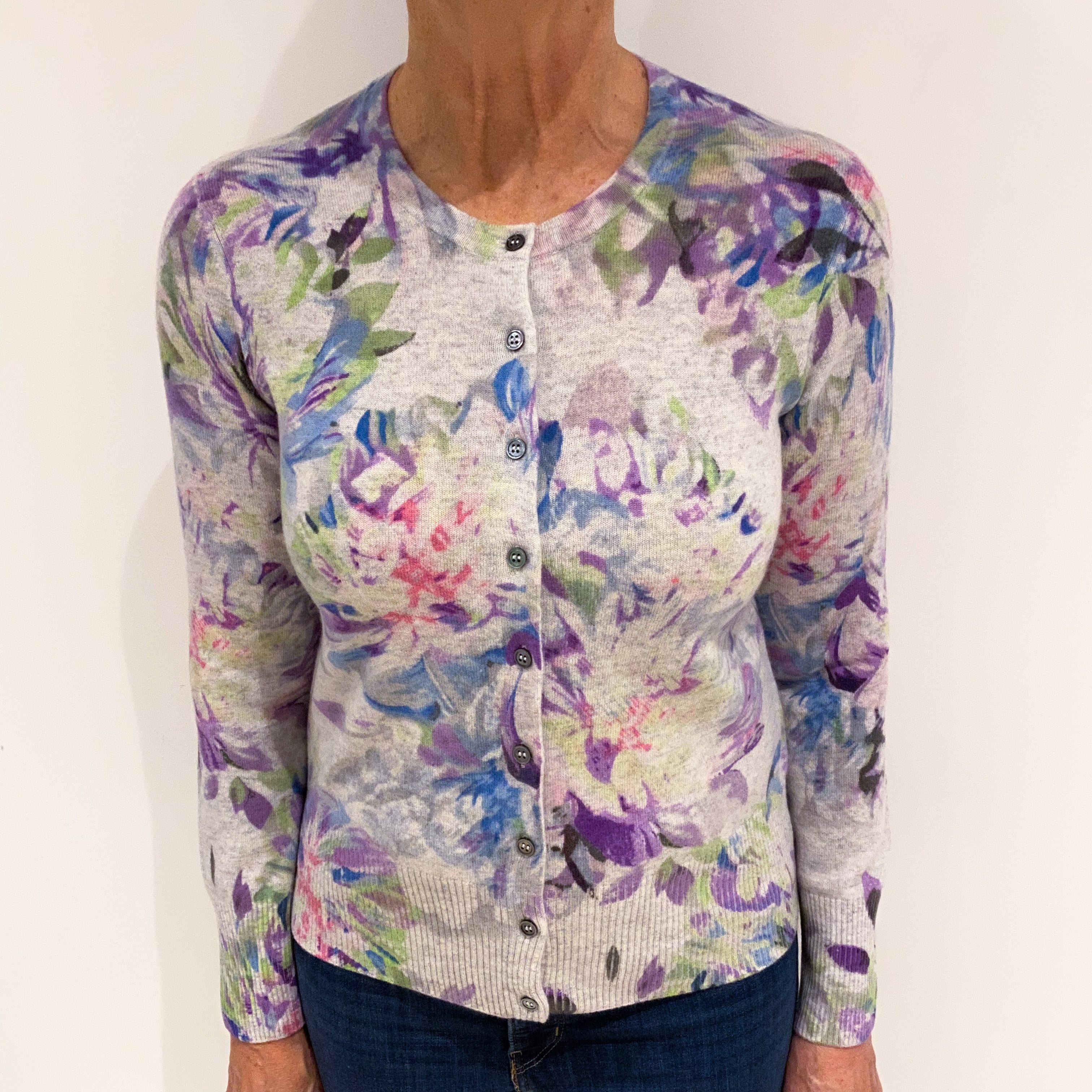 Pure Collection Grey and Floral Pattern Cashmere Crew Neck Cardigan Medium