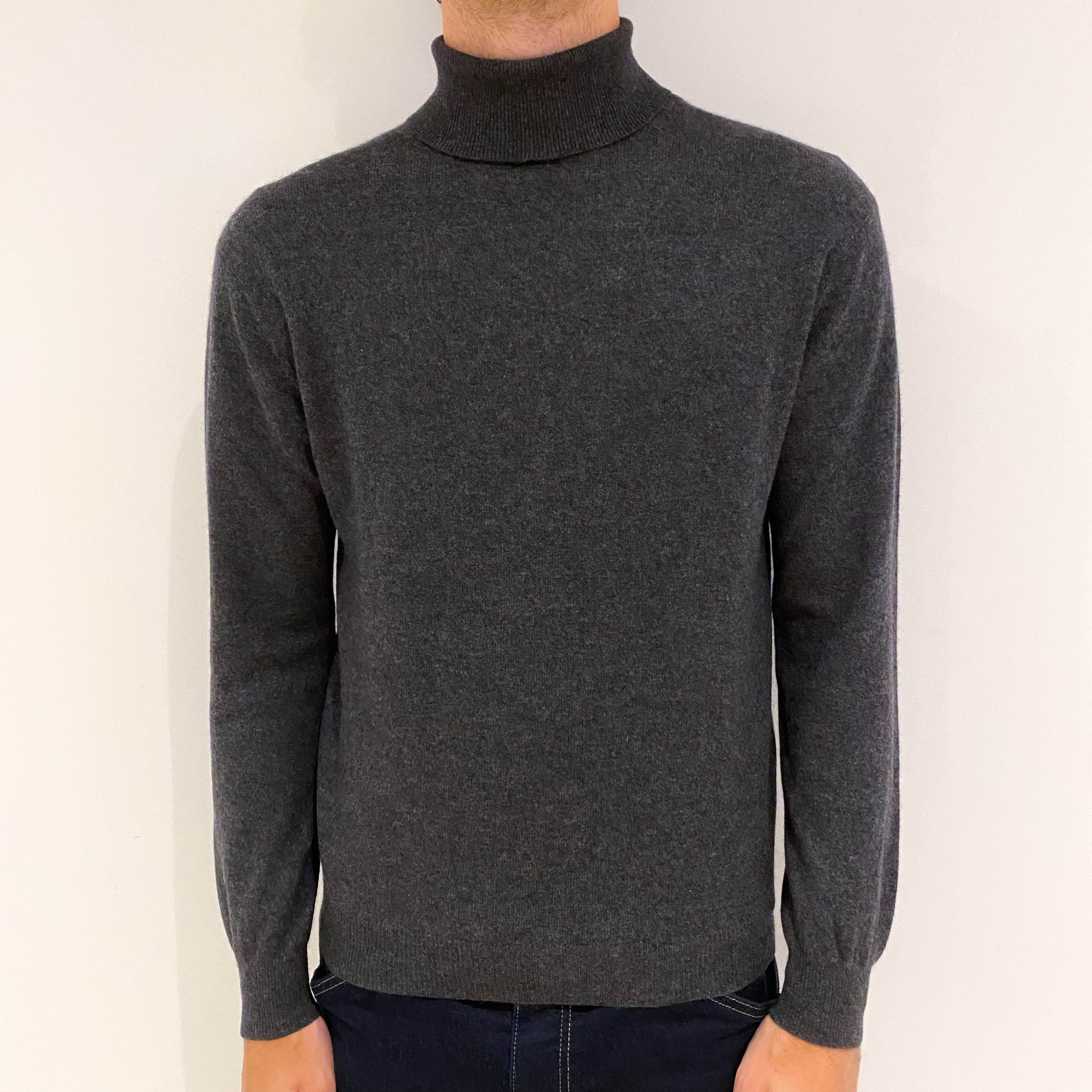 Men's Charcoal Grey Cashmere Polo Neck Jumper Medium