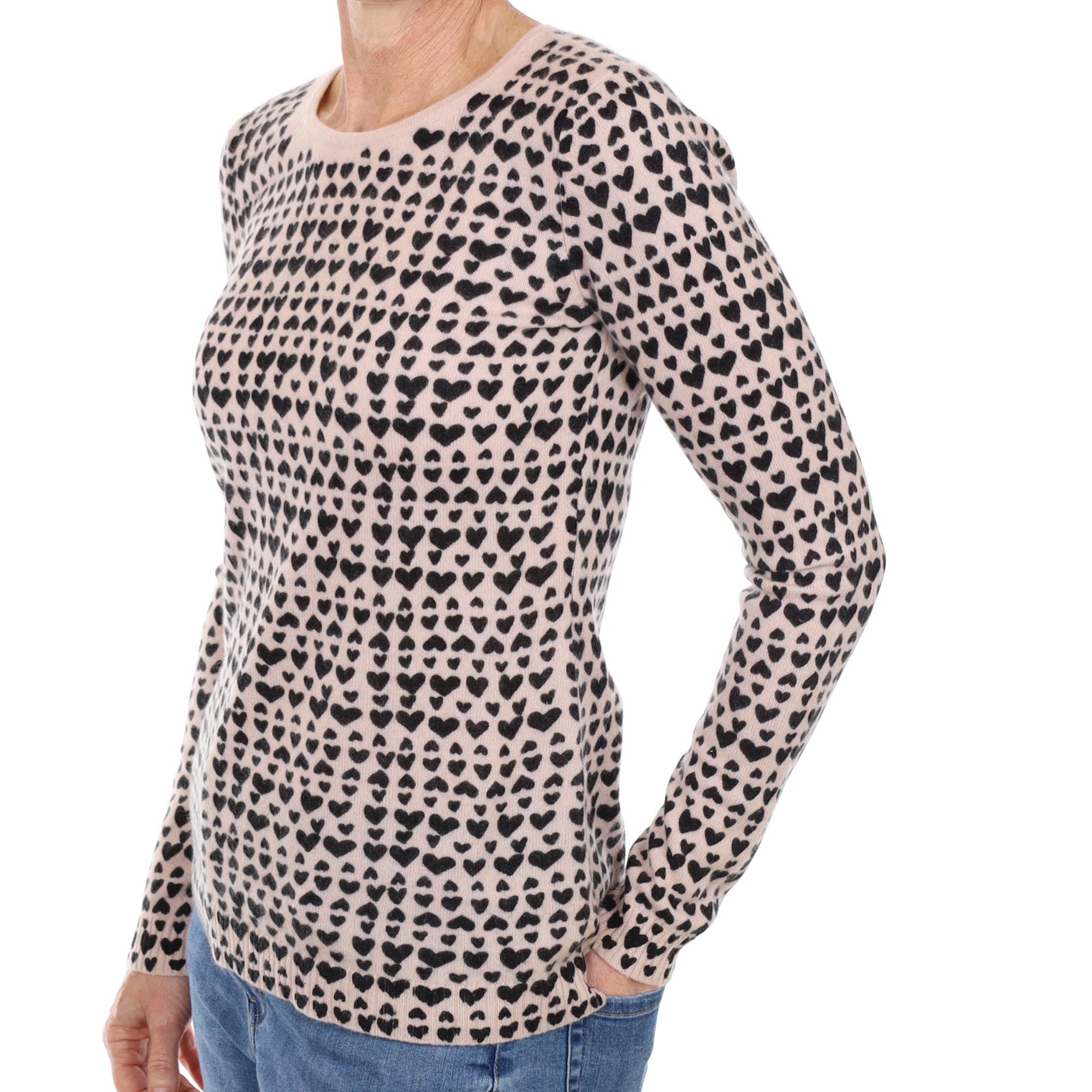 Ice Pink with Black Hearts Cashmere Crew Neck Jumper Small