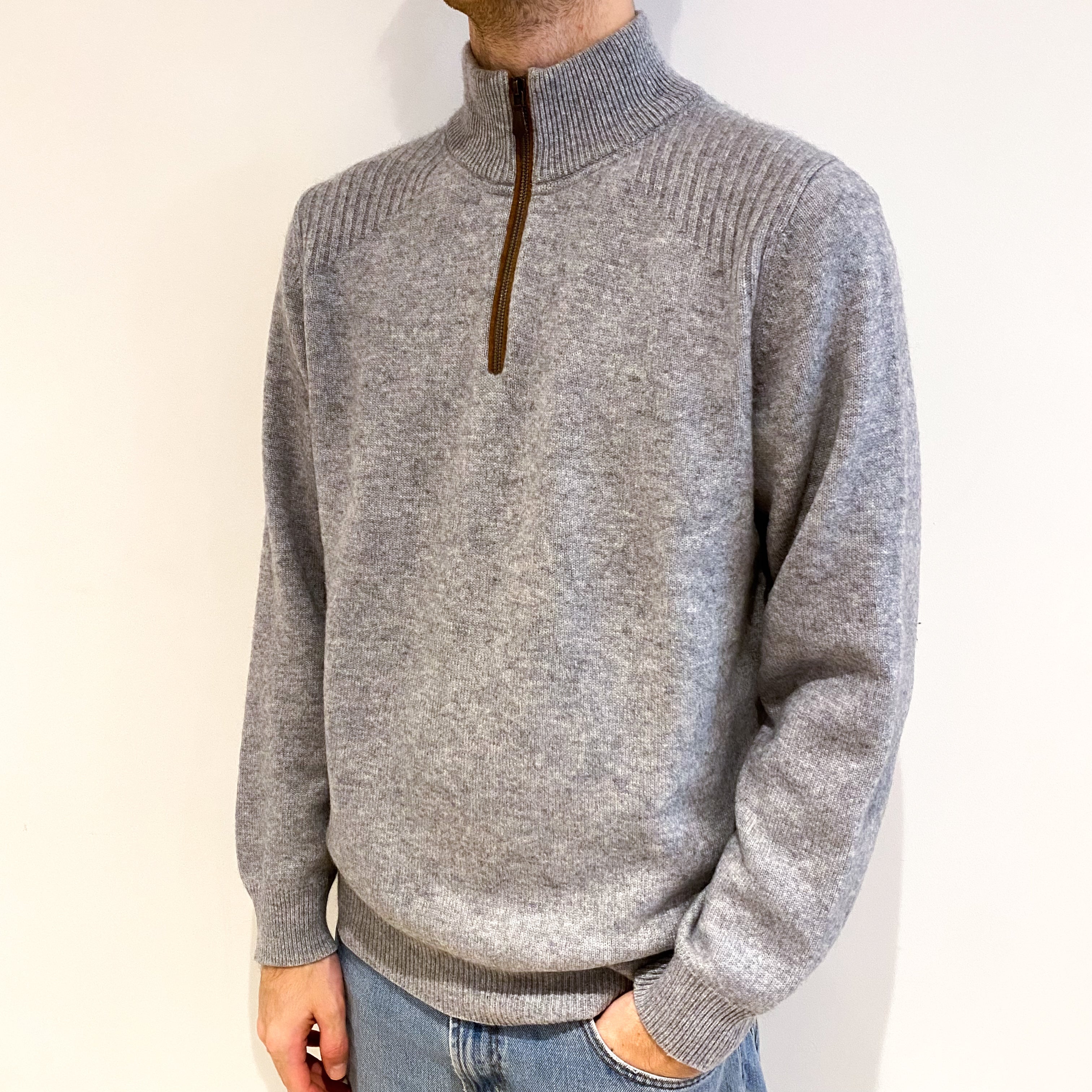 Men's Ash Grey Cashmere 3/4 Zip Up V Neck Jumper Large