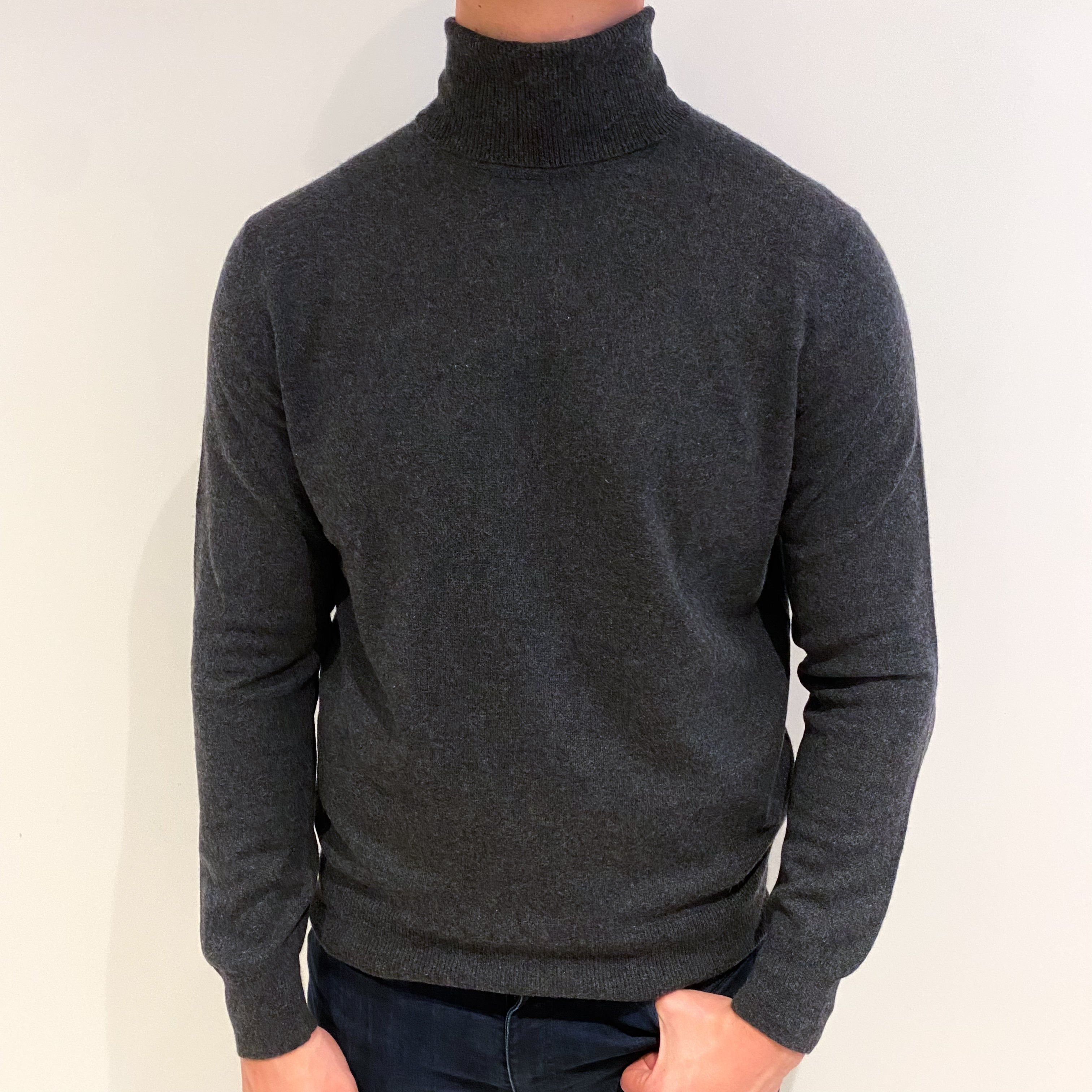 Men's Charcoal Grey Cashmere Polo Neck Jumper XXL