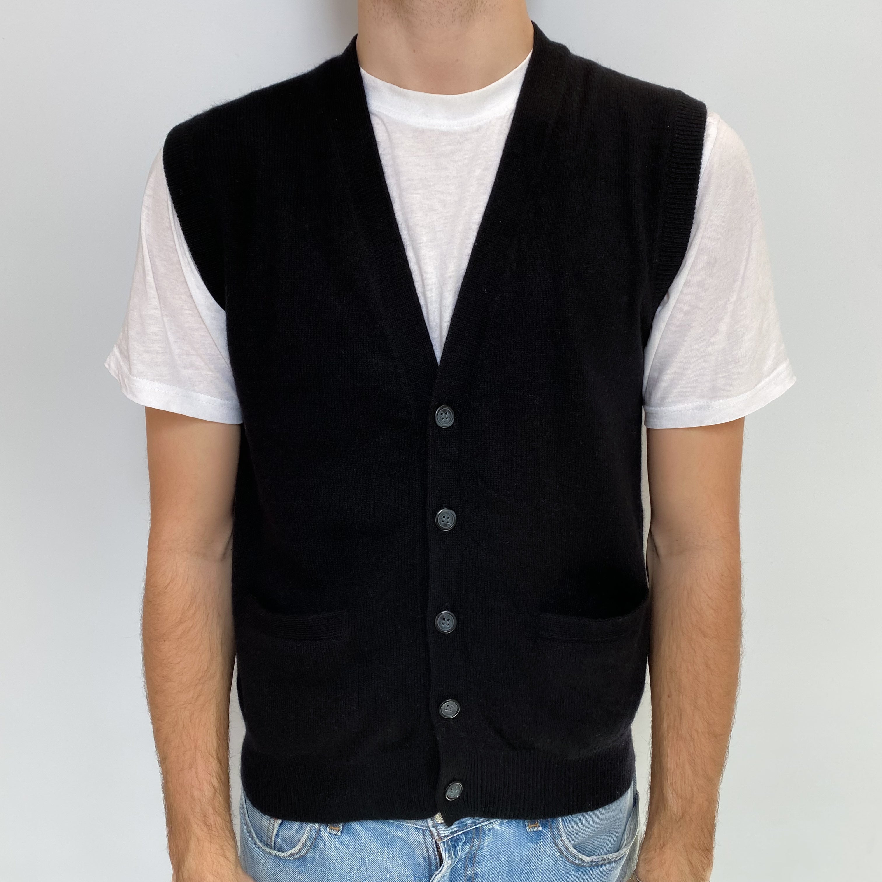 Men's Black Cashmere V Neck Sleeveless Cardigan with Pockets Large