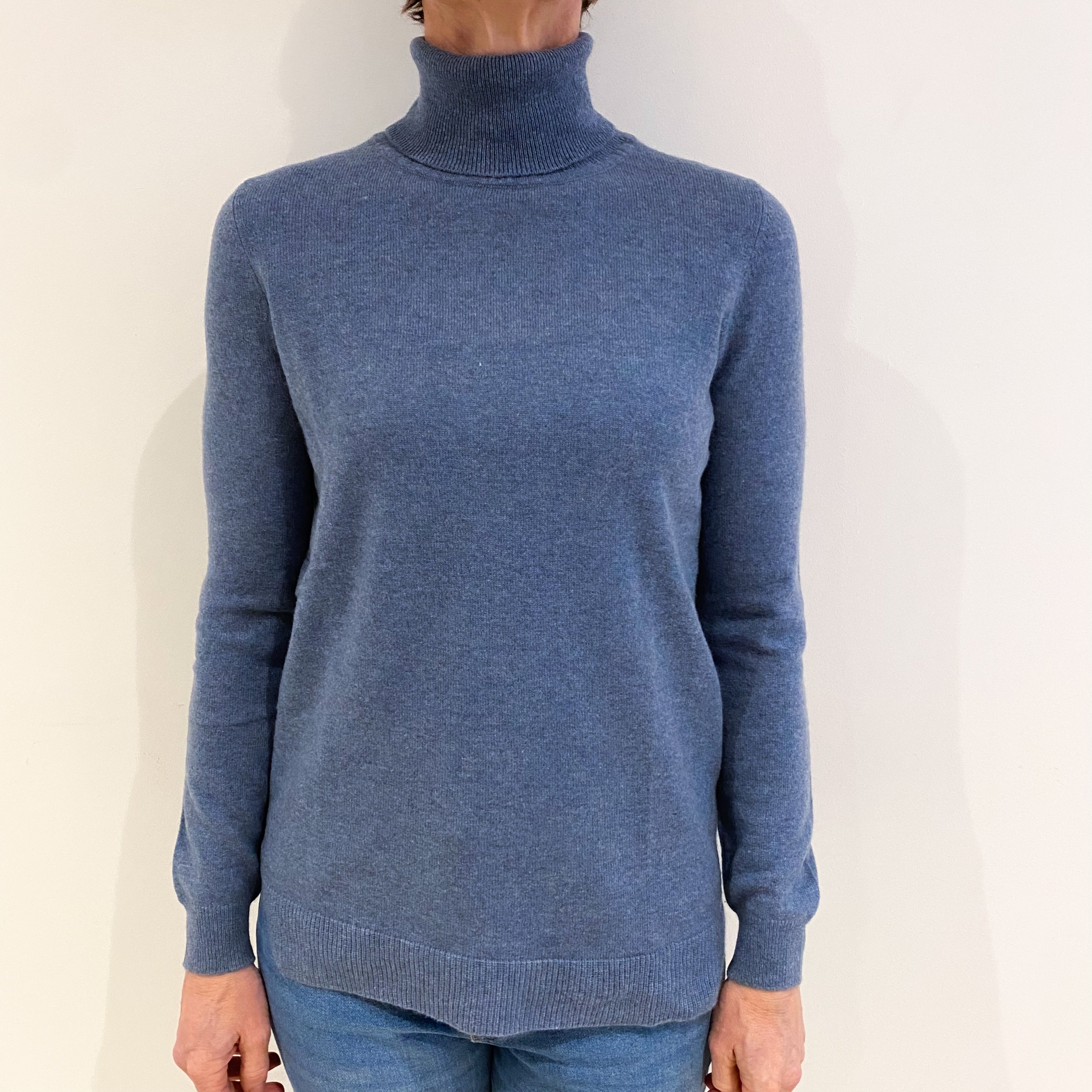 Denim Blue Cashmere Polo Neck Jumper Small