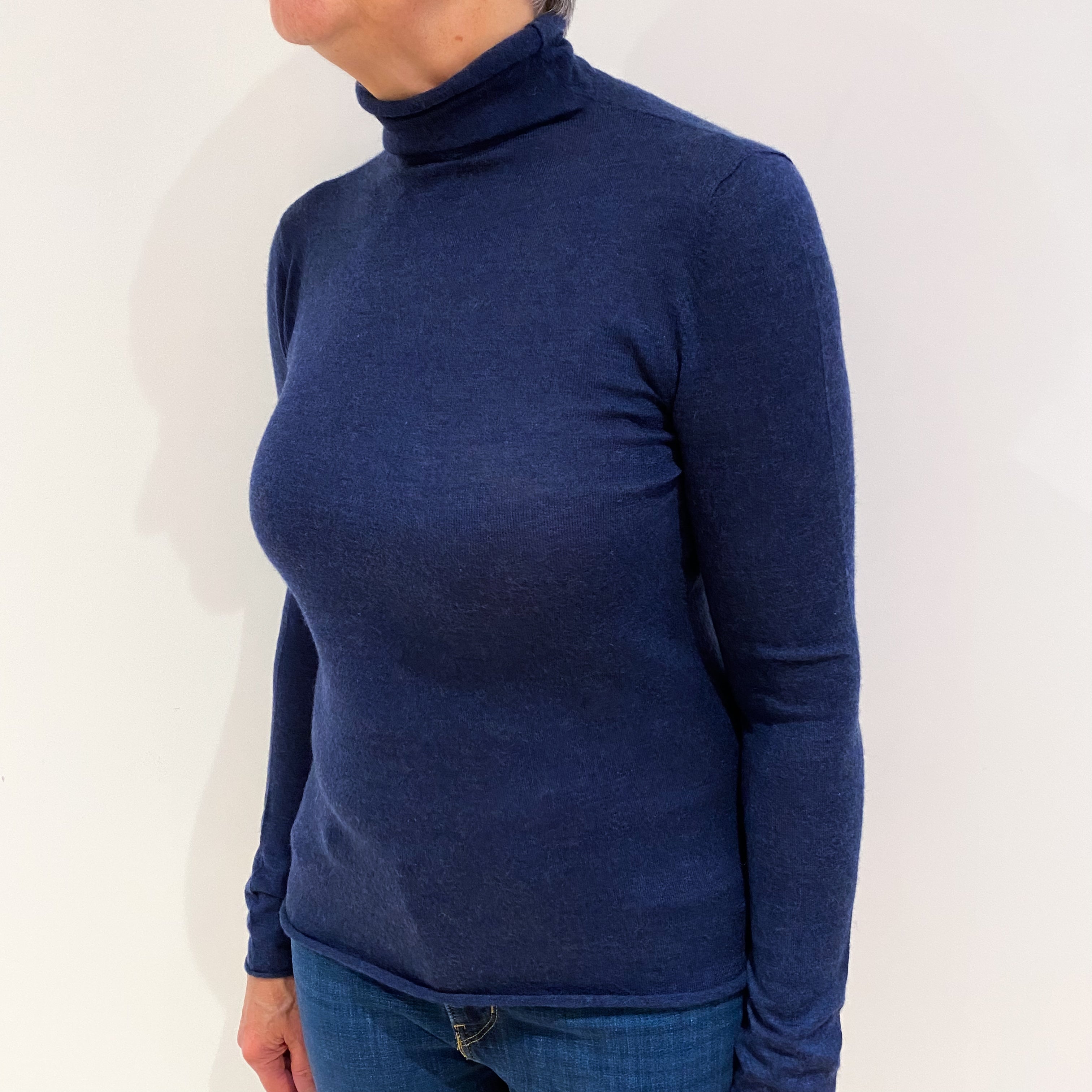 Denim Blue Lightweight Cashmere Polo Neck Jumper Medium