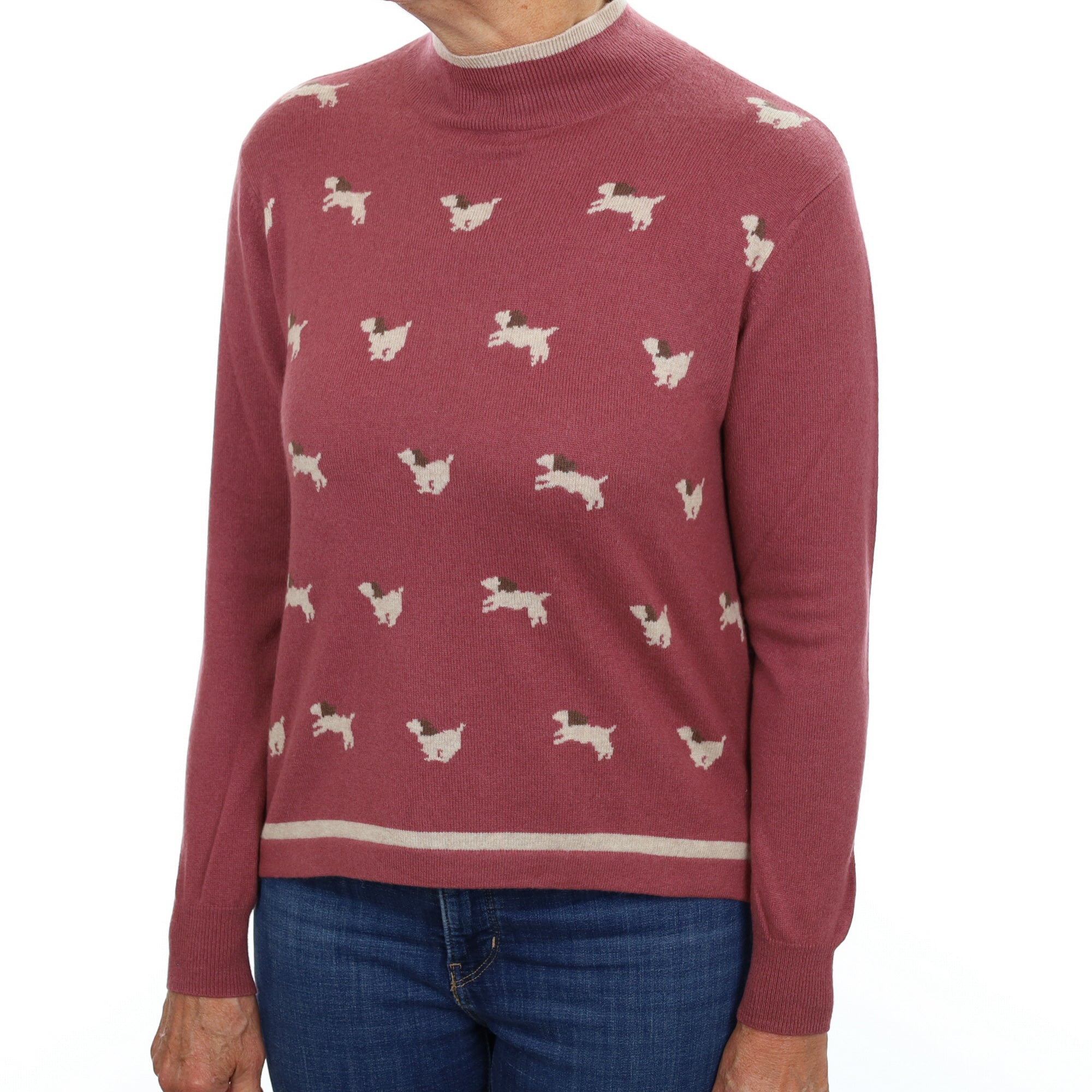 Dusky Rose Dog Patterned Cashmere Polo Neck Jumper Medium