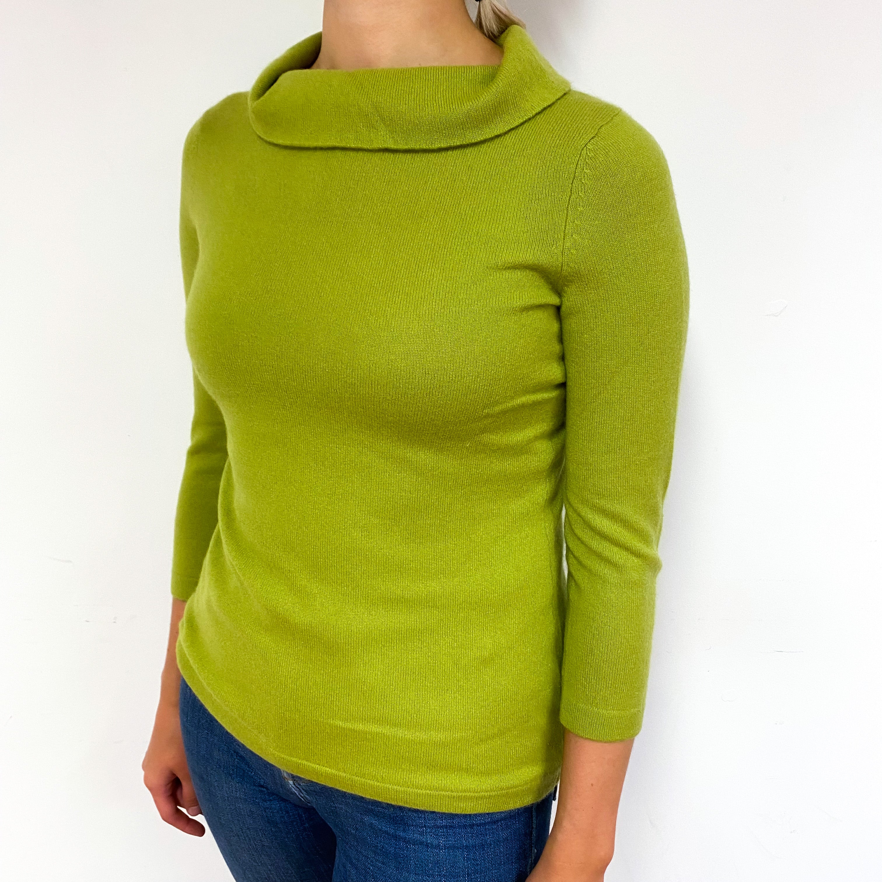 Lime Green 3/4 Sleeve Cashmere Funnel Neck Jumper Small