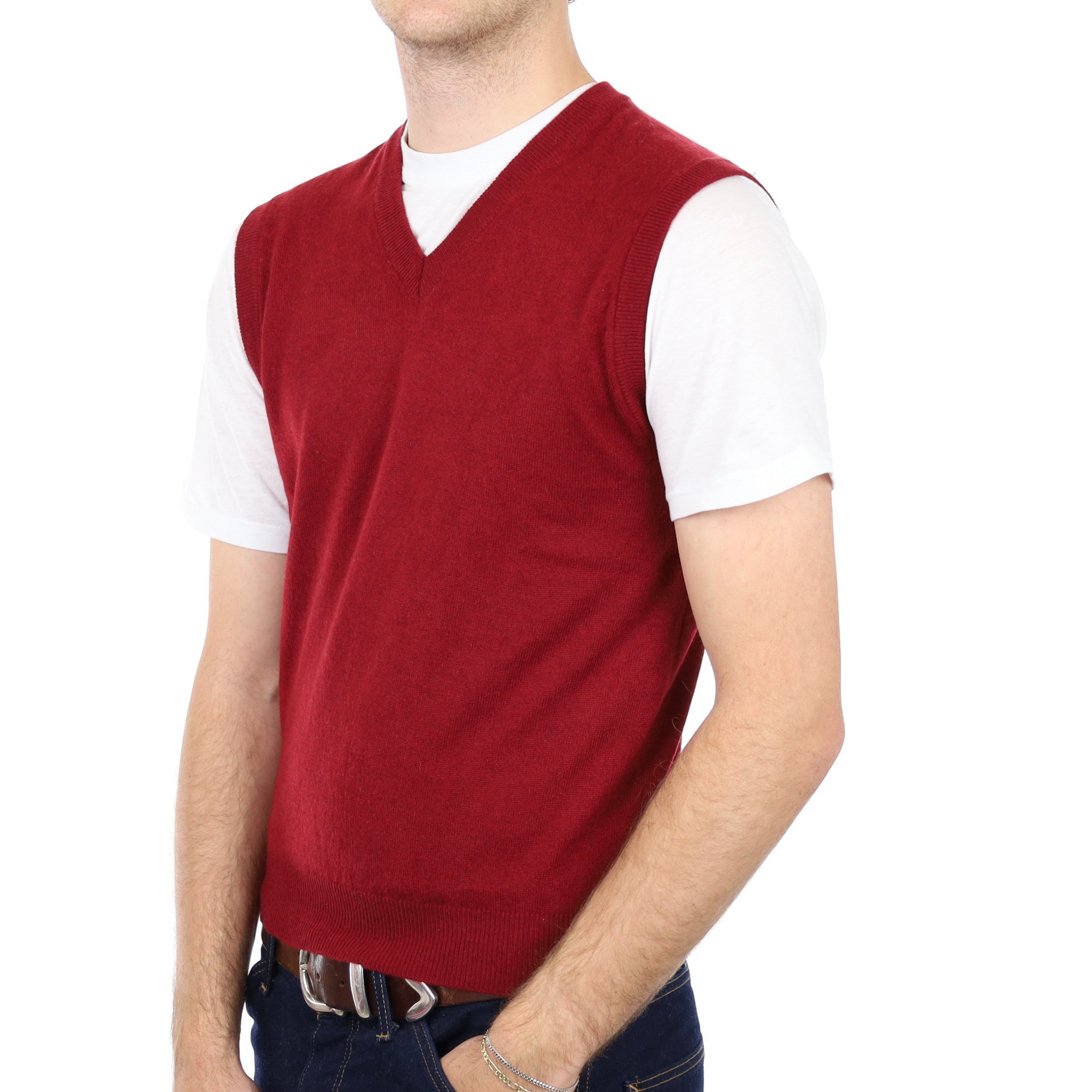 Men's Burgundy Red Cashmere V Neck Sleeveless Jumper Medium