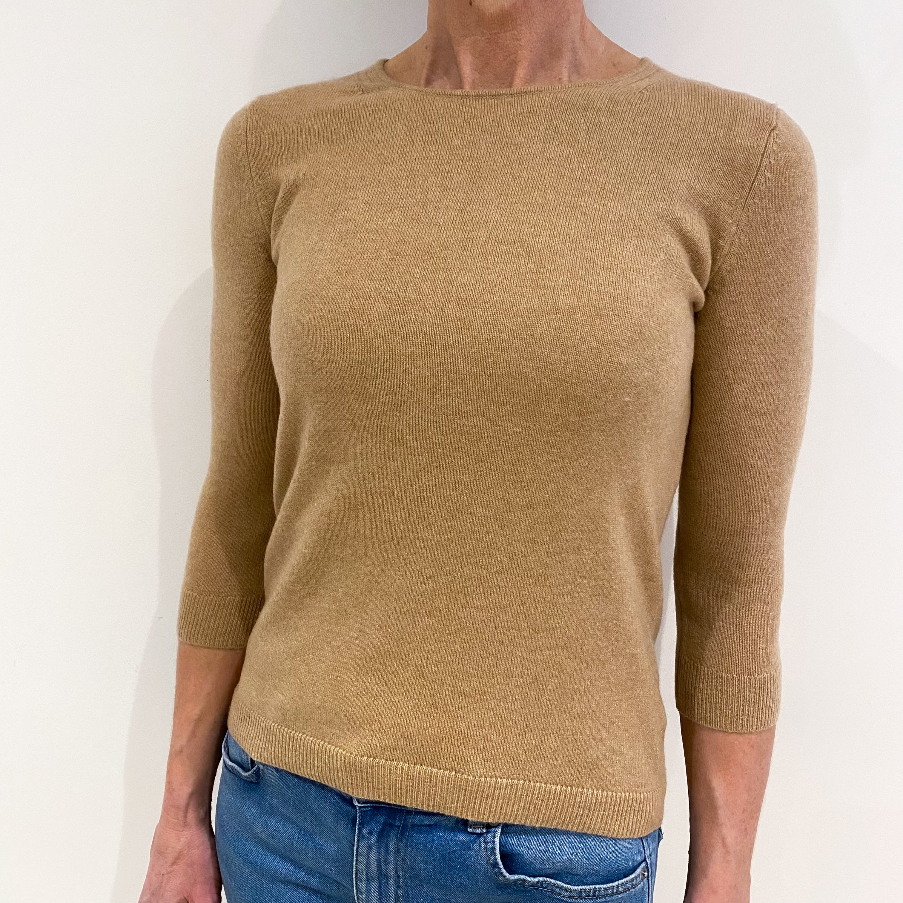 Camel Brown Cashmere Crew Neck Jumper with Back Neck Opening m Small