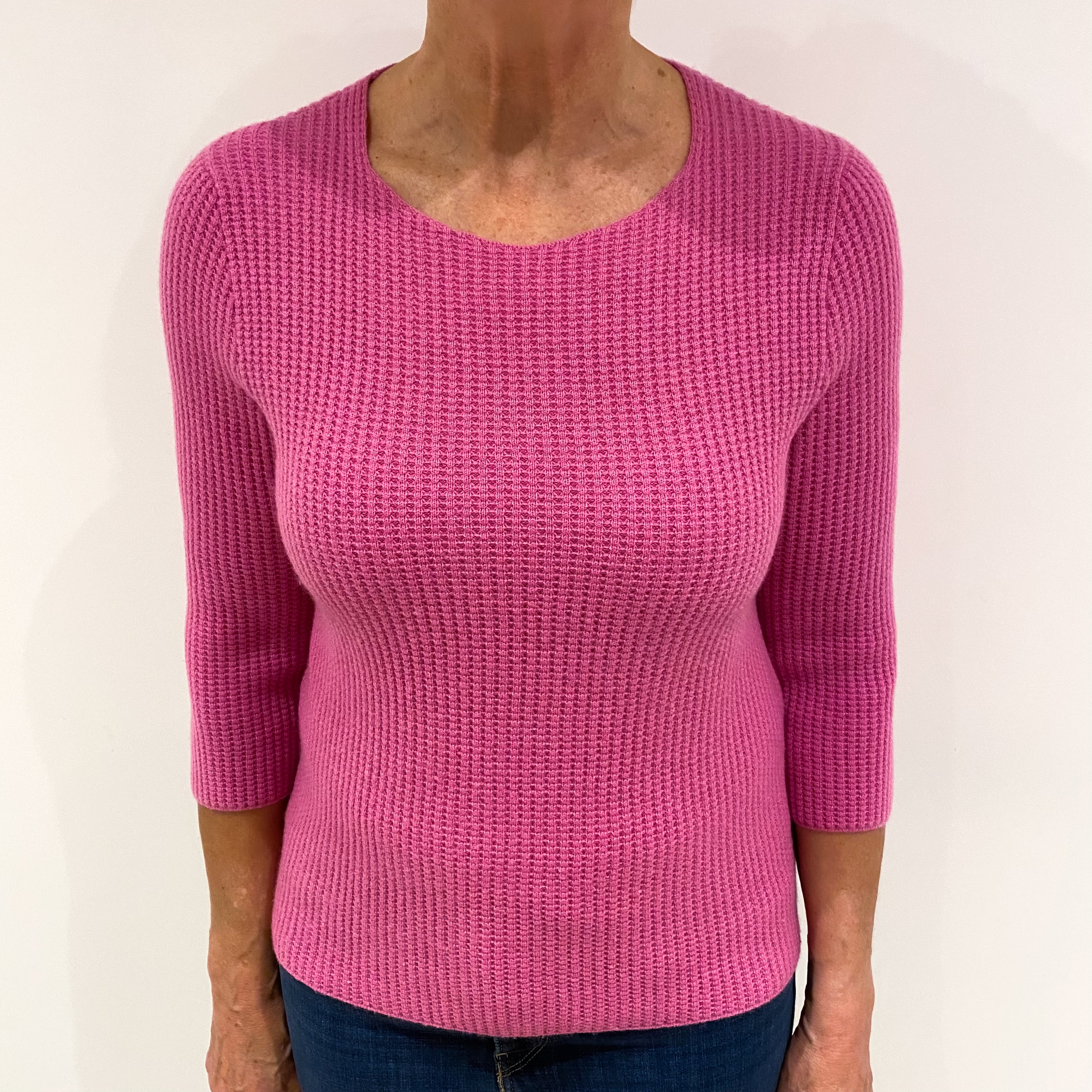 Sweet Pea Pink Waffle Knit Cashmere Scoop Neck Jumper Medium