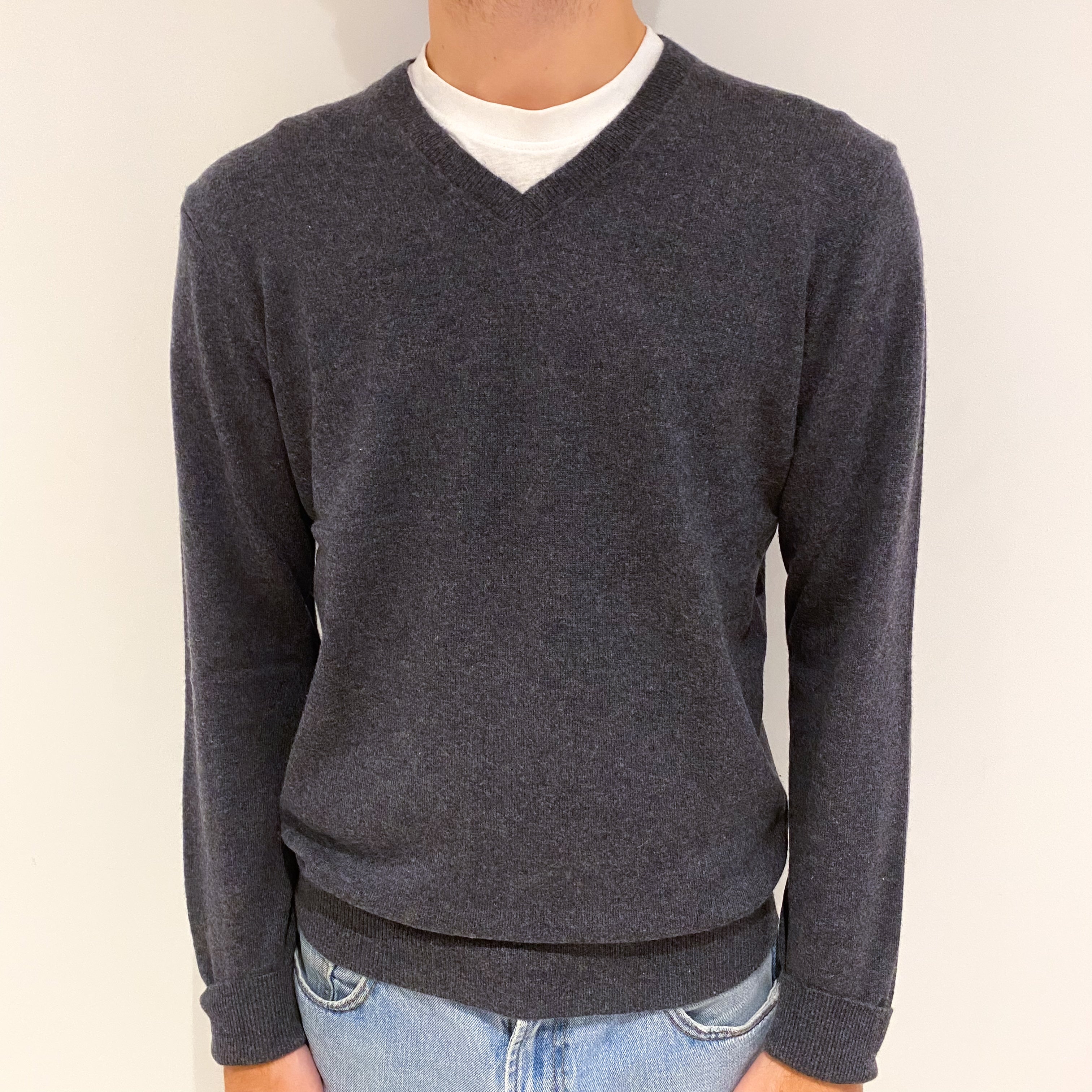 Men's Slate Grey Cashmere V-Neck Jumper Large