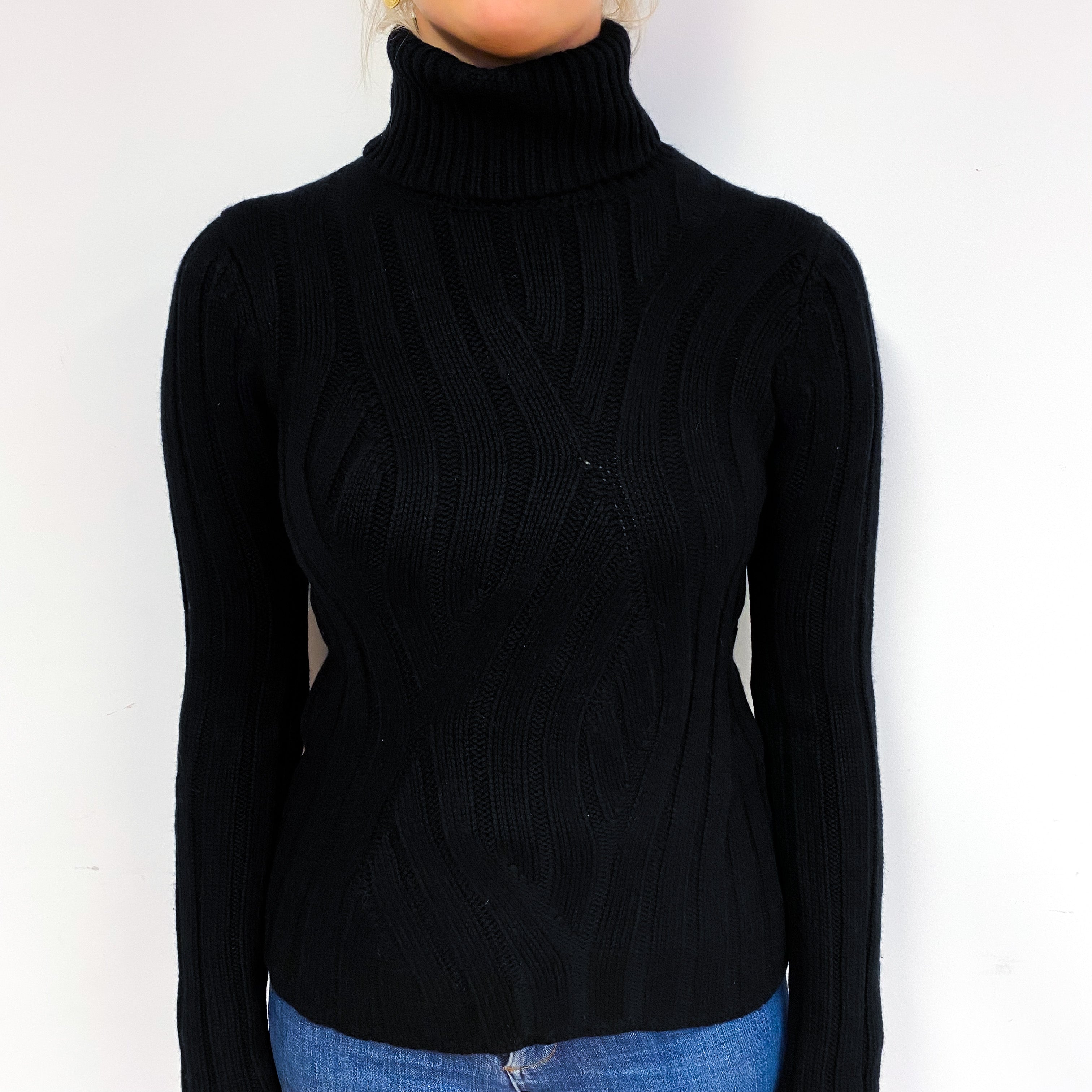 Black Chunky Ribbed Cashmere Polo Neck Jumper Small