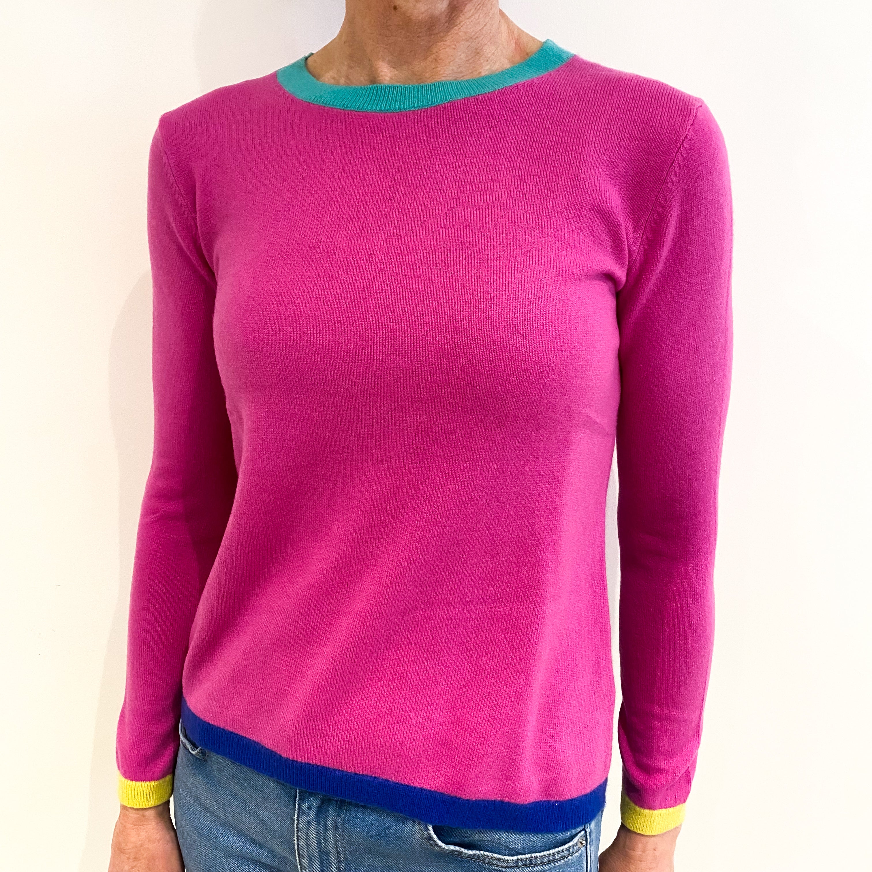 Hot Pink With Colourful Trim Cashmere Crew Neck Jumper Small