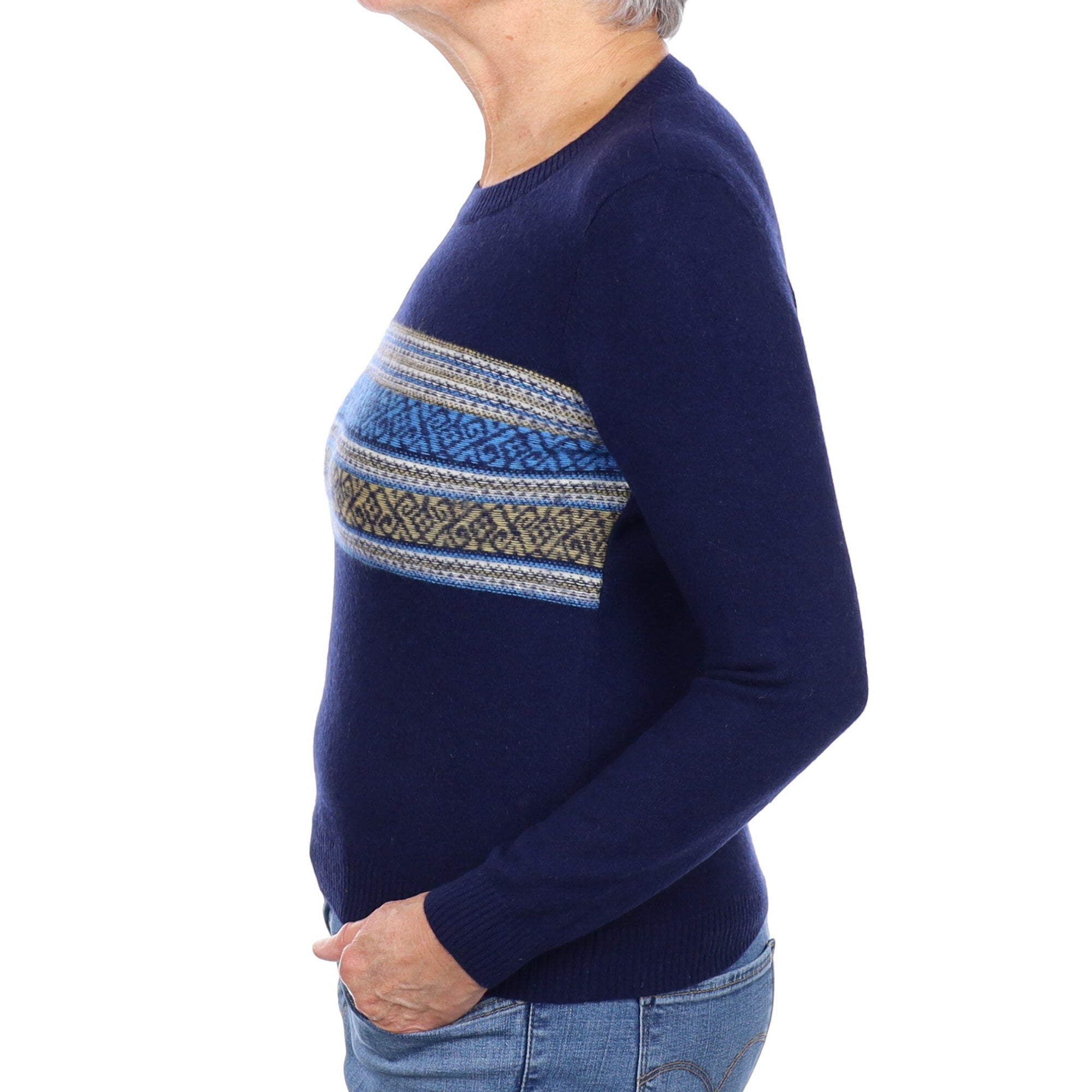 Navy Blue Fairisle Cashmere Crew Neck Jumper Medium