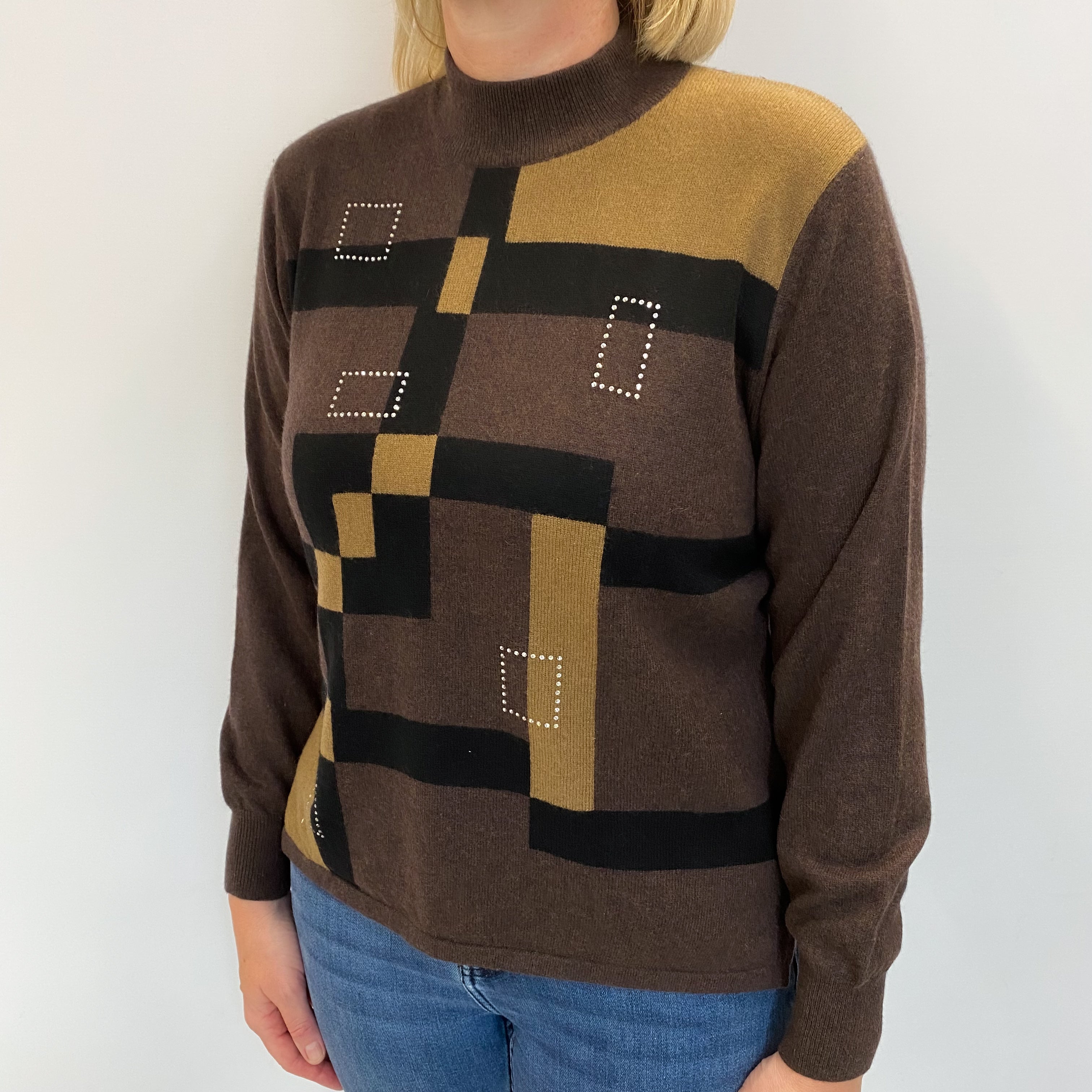 Chocolate Brown Patterned Cashmere Turtle Neck Jumper Large