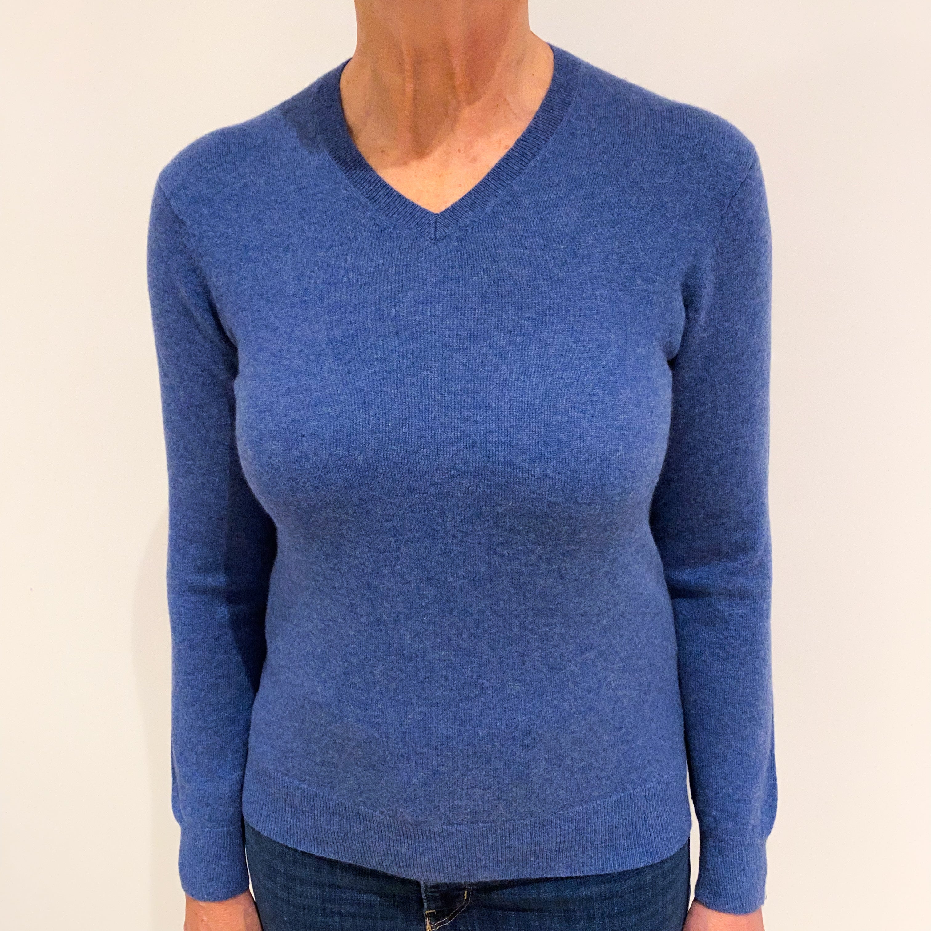 Denim Blue Cashmere V Neck Jumper Medium