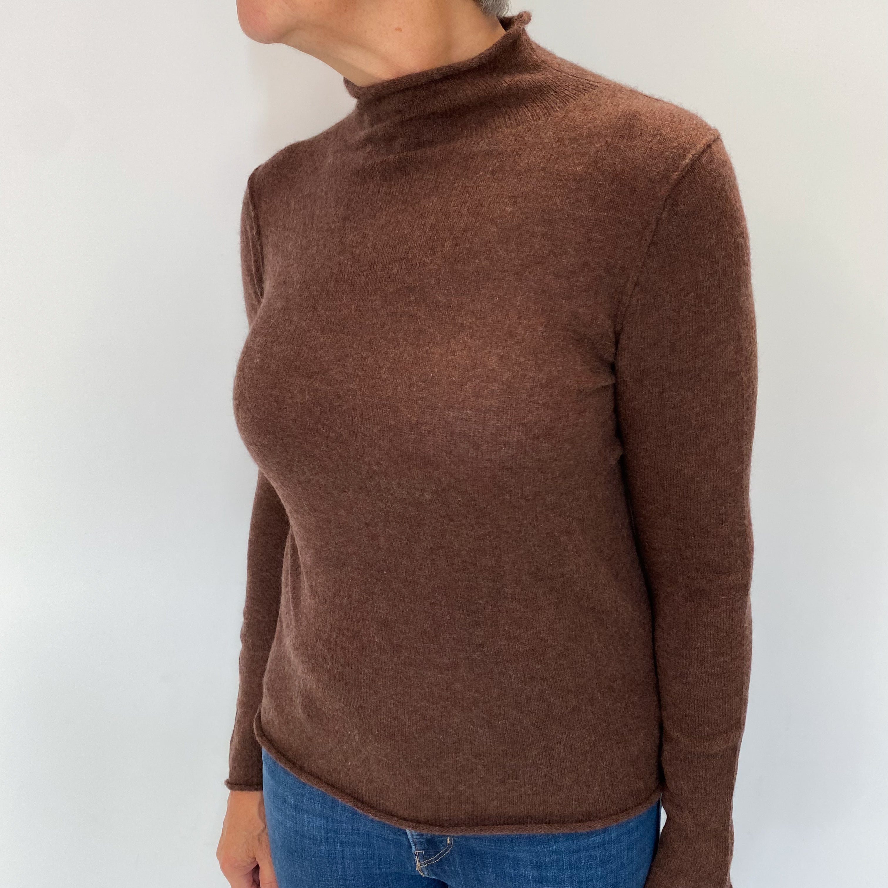 Chestnut Brown Marl Cashmere Turtle Neck Jumper Medium