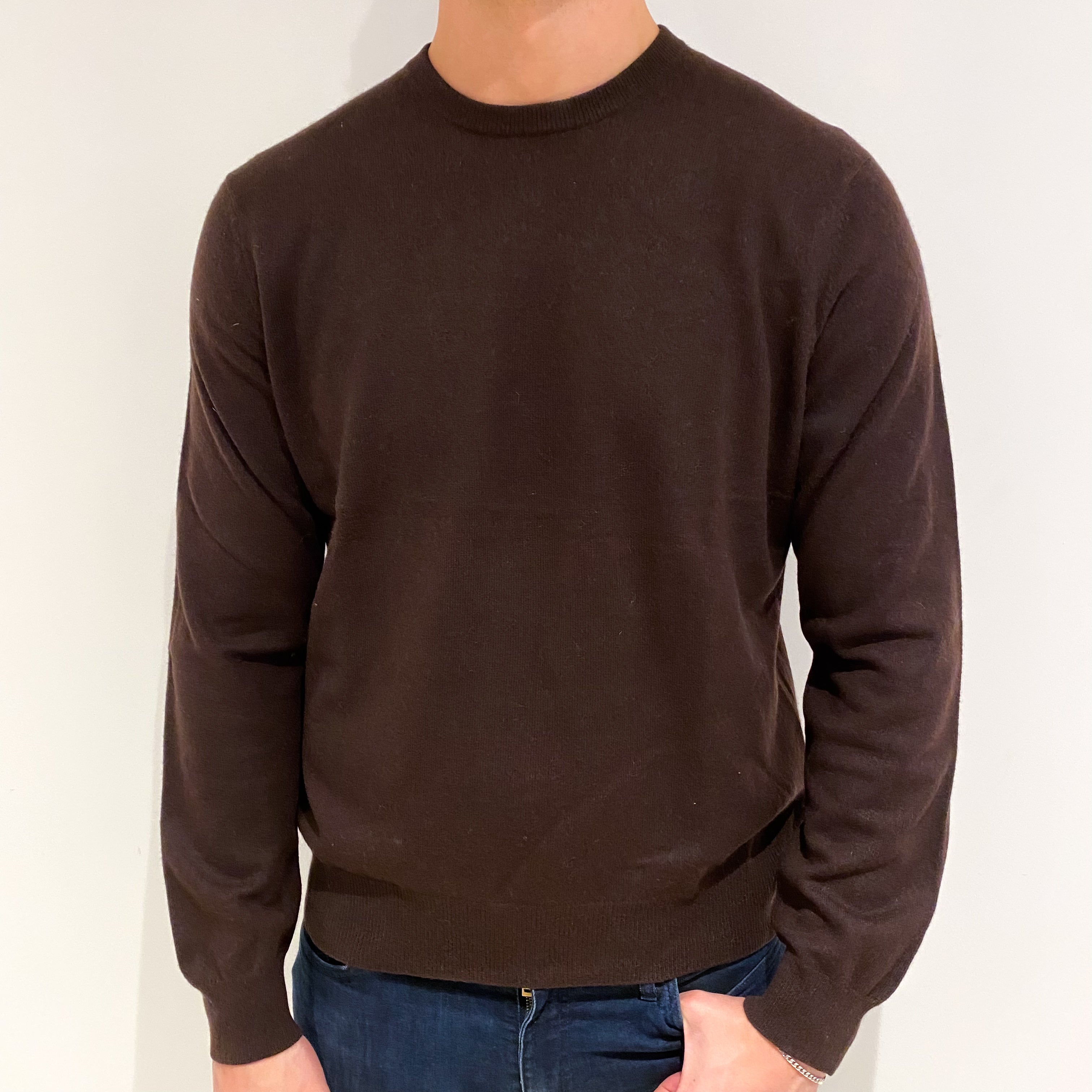 Men's Dark Chocolate Brown Cashmere Crew Neck Jumper XL
