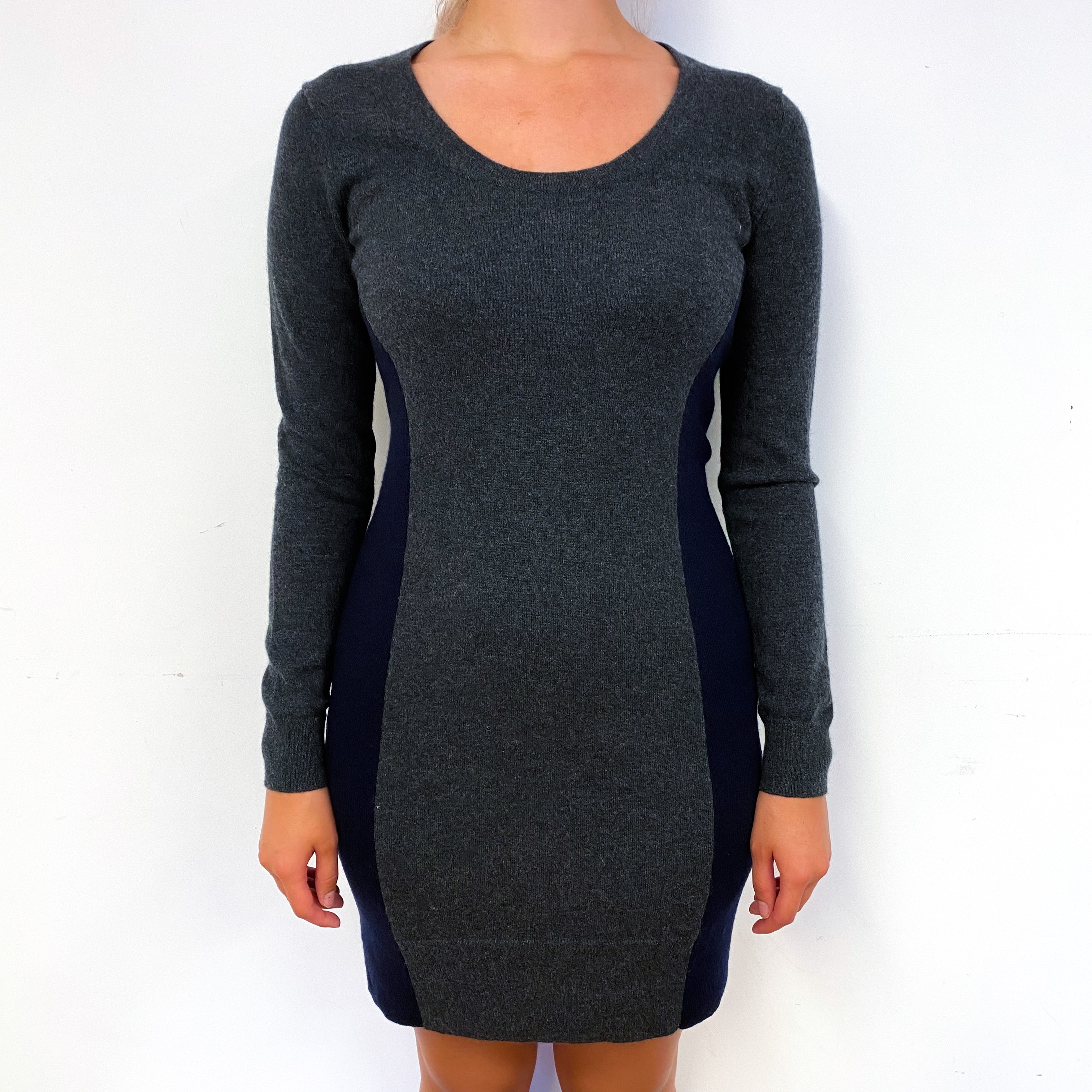 Dark Slate Grey and Navy Cashmere Scoop Neck Dress Small