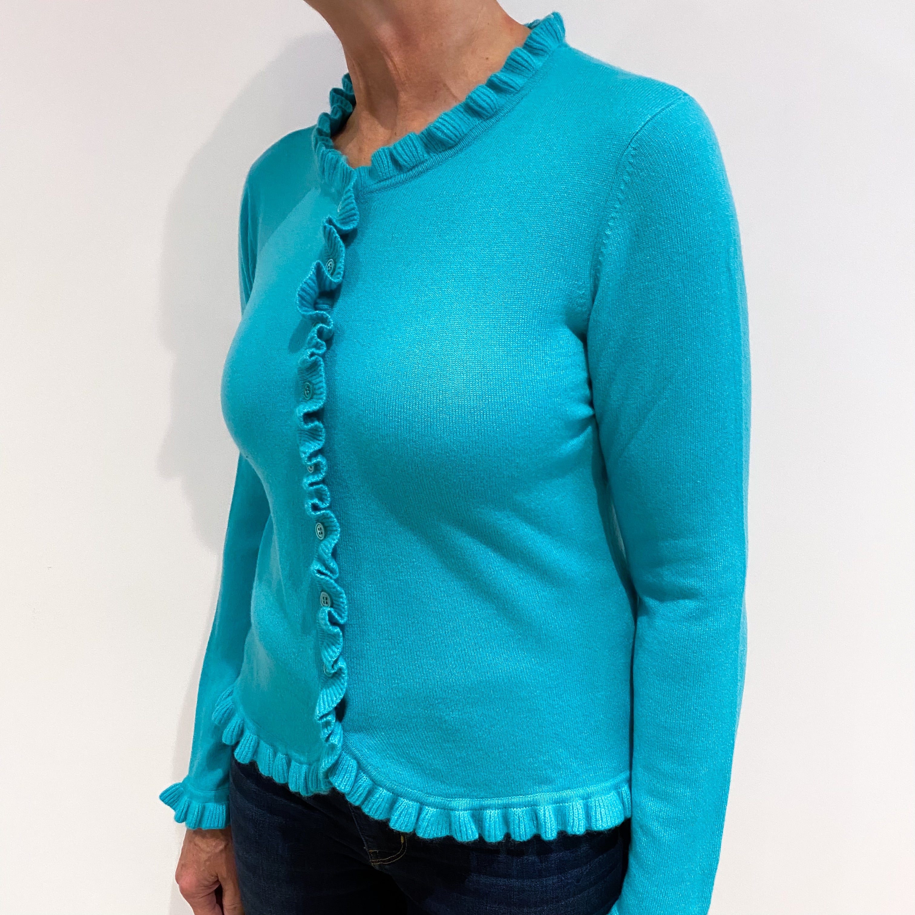 Turquoise Green Cashmere Frill Trim Cardigan Medium