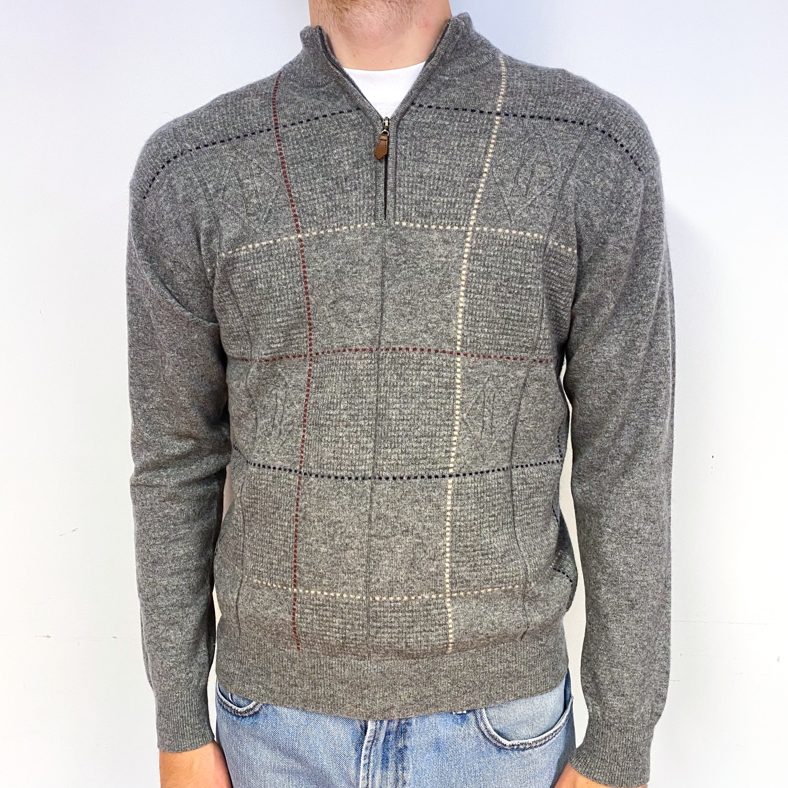 Men's Ash Grey Checked Cashmere 1/4 Zip Jumper Medium