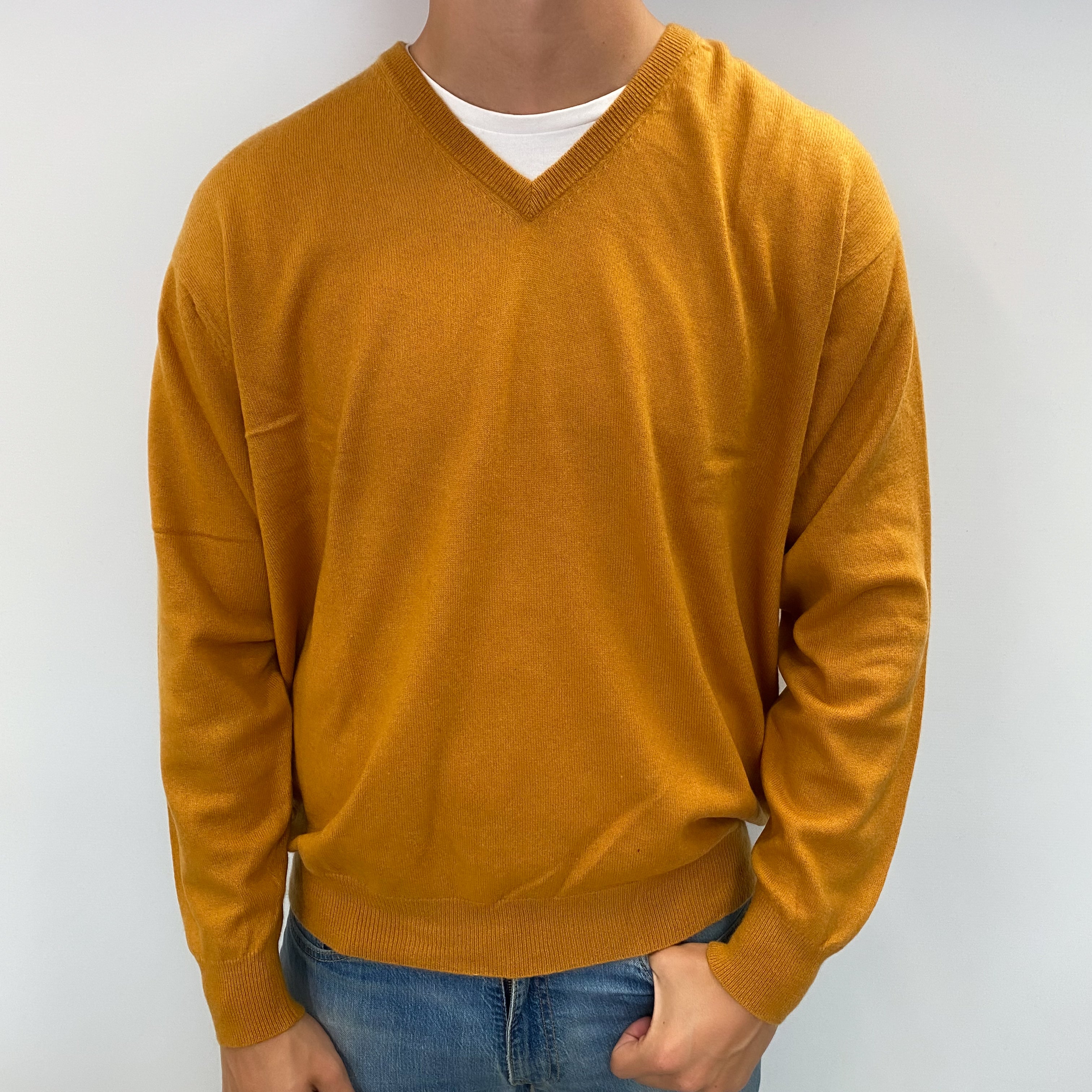 Men's Marigold Yellow Cashmere V Neck Jumper XXL