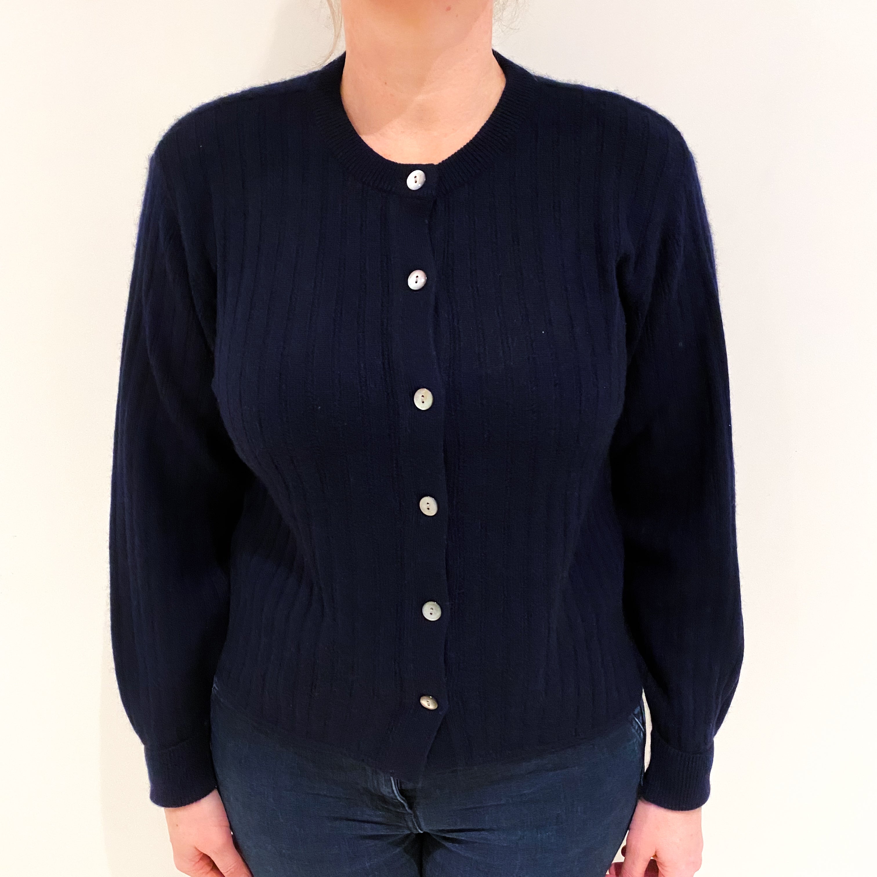 Navy Ribbed Cashmere Crew Neck Cardigan Large