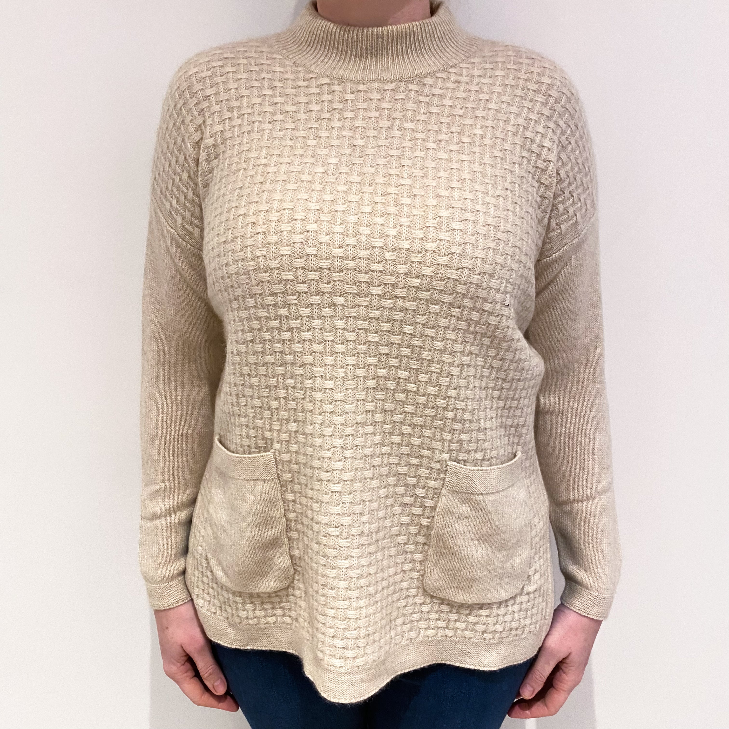 Oatmeal Beige Cashmere Turtle Neck Jumper Large