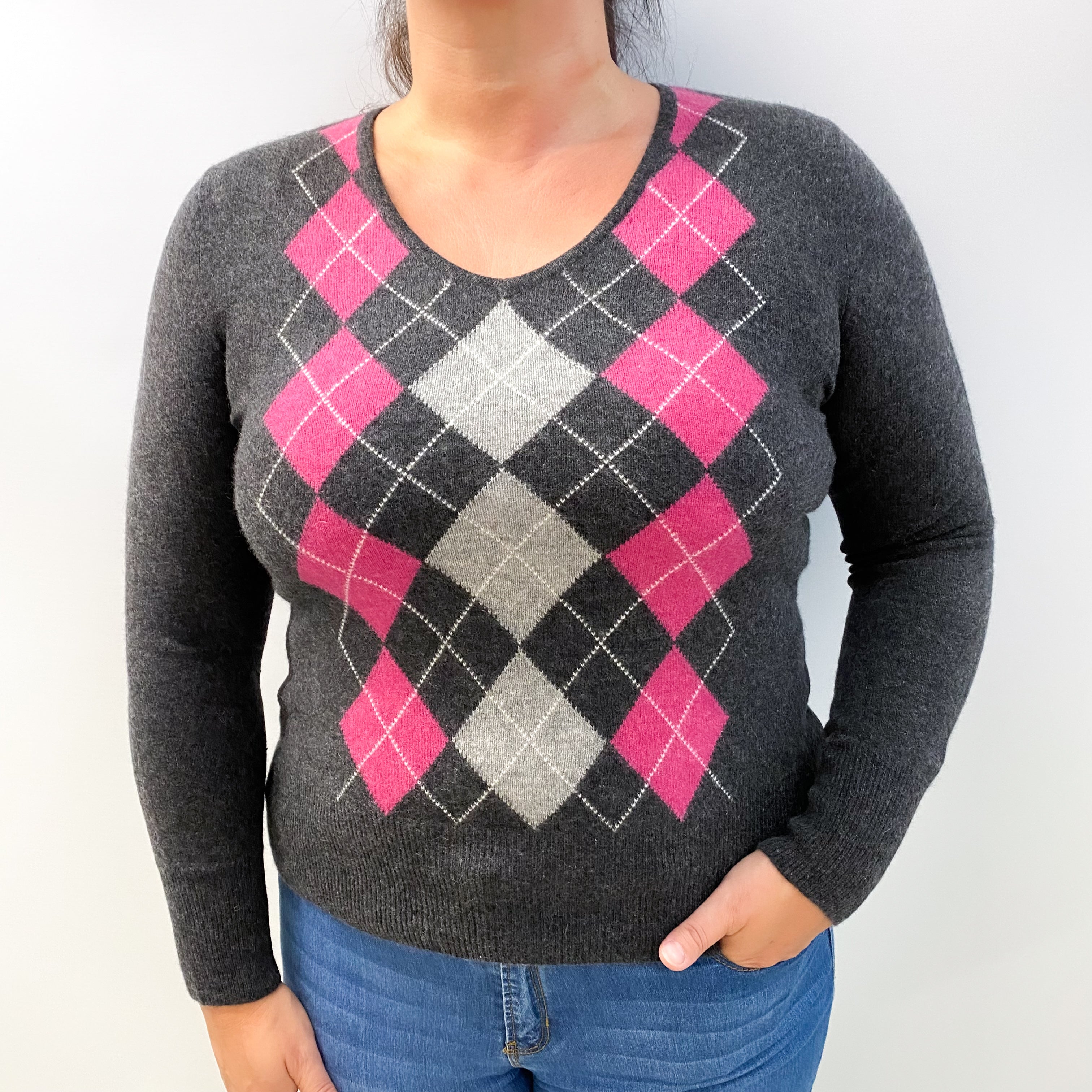 Charcoal Grey Argyle Cashmere V Neck Jumper Large