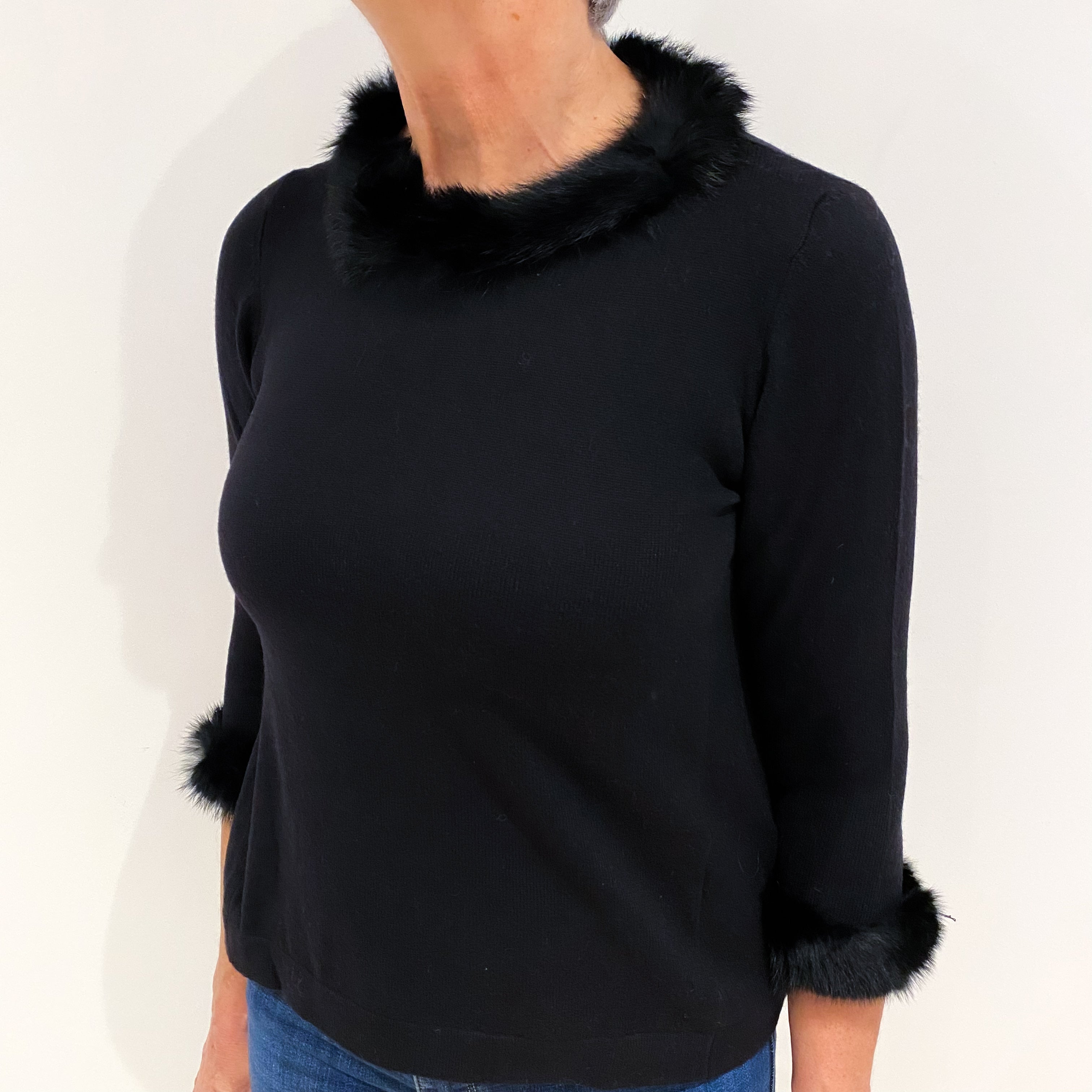 Black Fur Trim Cashmere Crew Neck Jumper Medium
